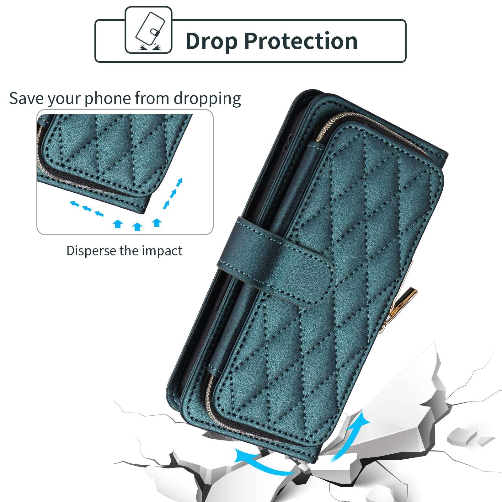 Furiet Argyle Wallet Case for iPhone Xs Max with Wrist Strap Shoulder Strap Card Slots Zipper Purse, Luxury PU Leather Stand Phone Cover for i X XR Xsmax 10x SX Xmax 10xs 10s 10 Plus Xmaxs Green 6