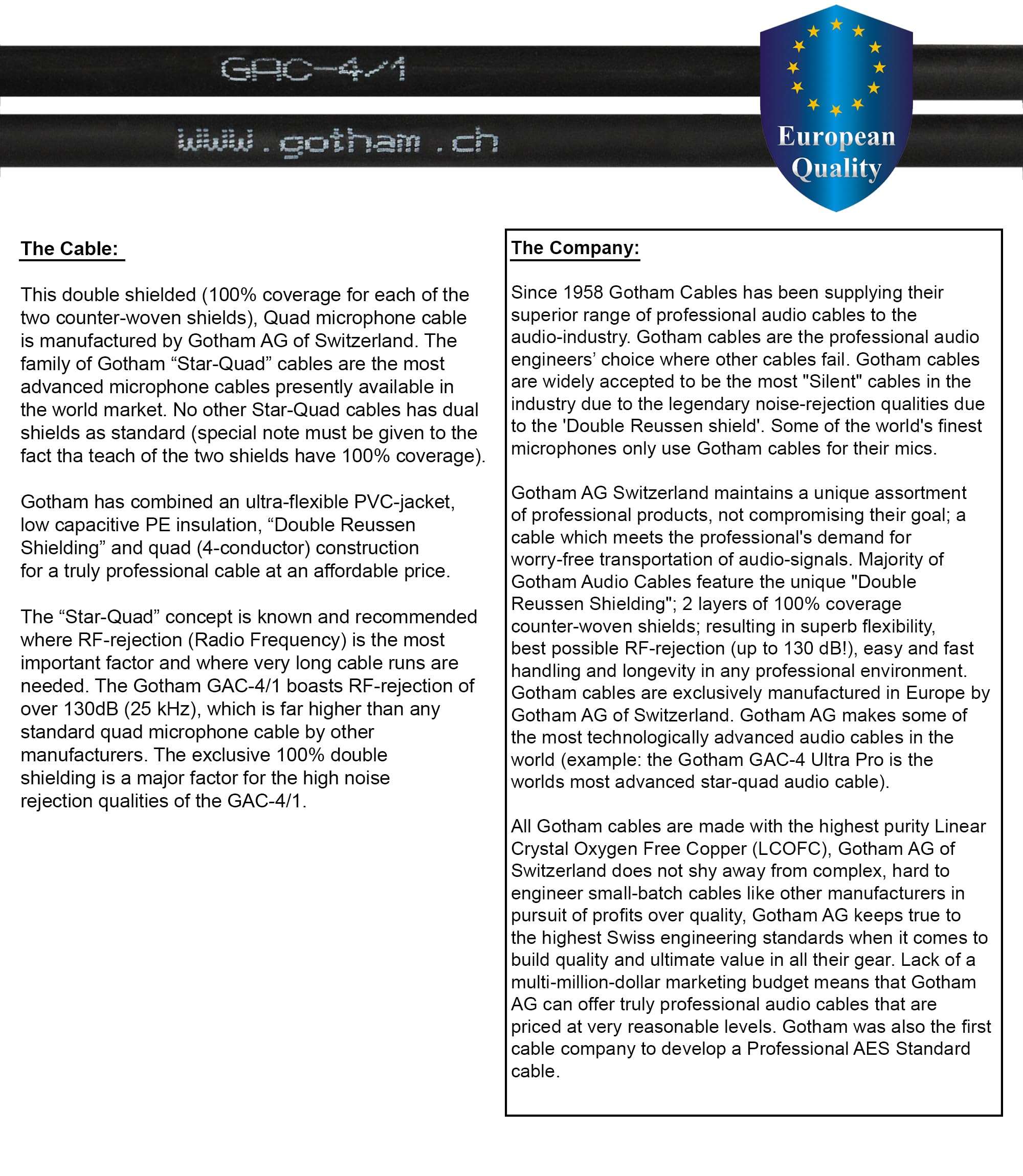 WORLDS BEST CABLES 3 Foot RCA Cable Pair - Gotham GAC-4/1 (Black) Star-Quad, Audio Interconnect Cable with Premium Gold Plated Locking RCA Connectors - Directional - Custom Made 3