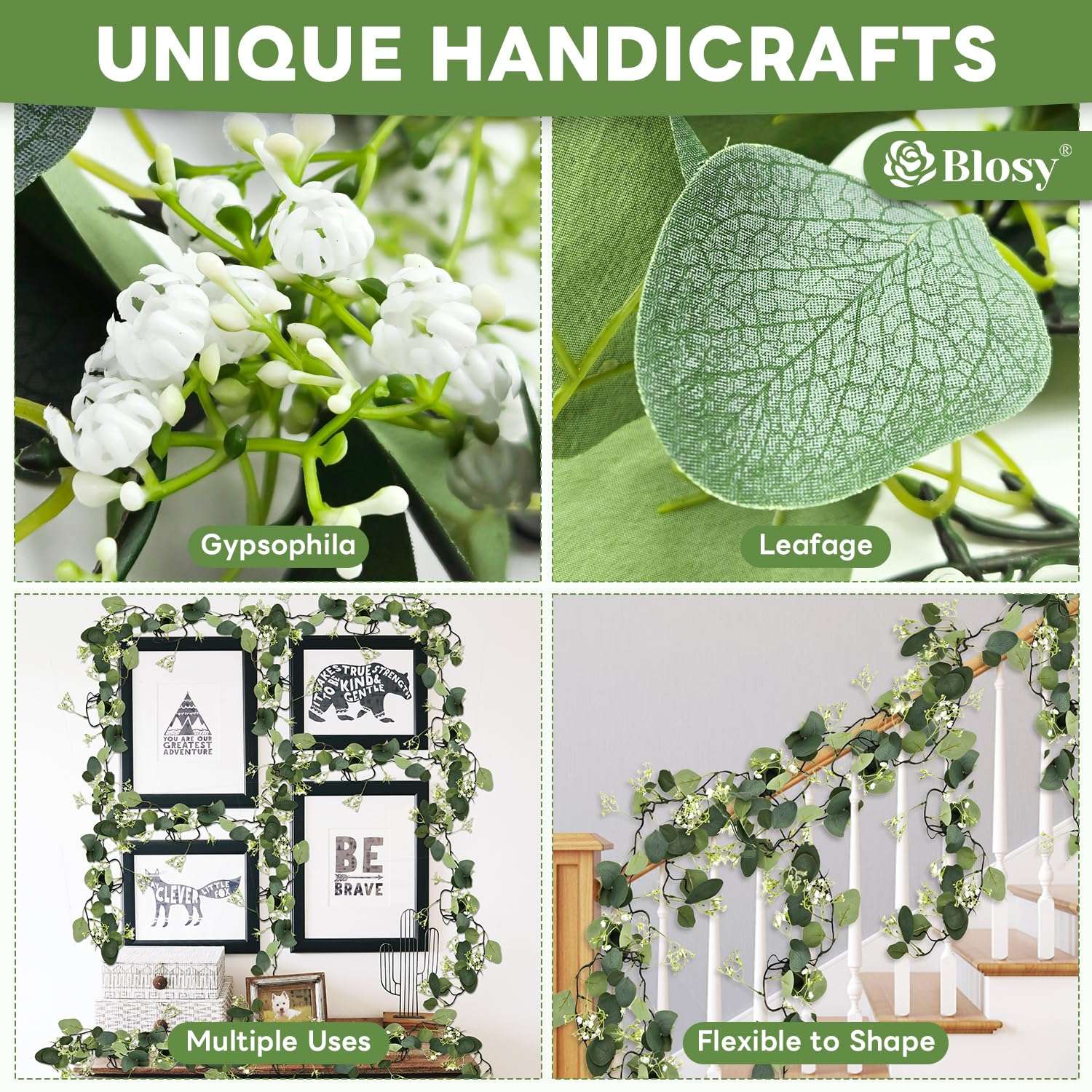 BLOSY 2 Pack Fake Vines with Eucalyptus Leaf & Flower, Artificial Ivy Garland for Room Decor, Green Flowers Hanging Plants Faux Greenery Leaves Bedroom Aesthetic for Home Garden Wall Wedding 5