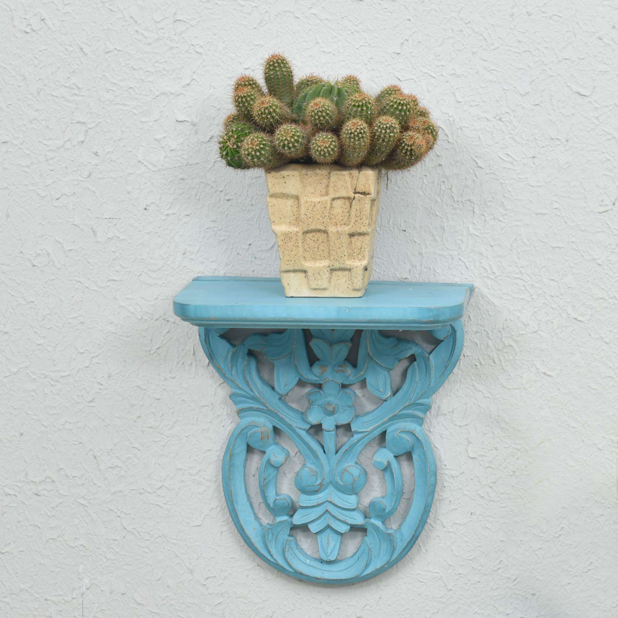 WOODENCLAVE Handcarved Solid Wood Jali Floral Design Wall Mounted Floating Shelf Wooden Wall Brackets Shelves Set for Home Living Room Decor - (Distressed Blue) 1