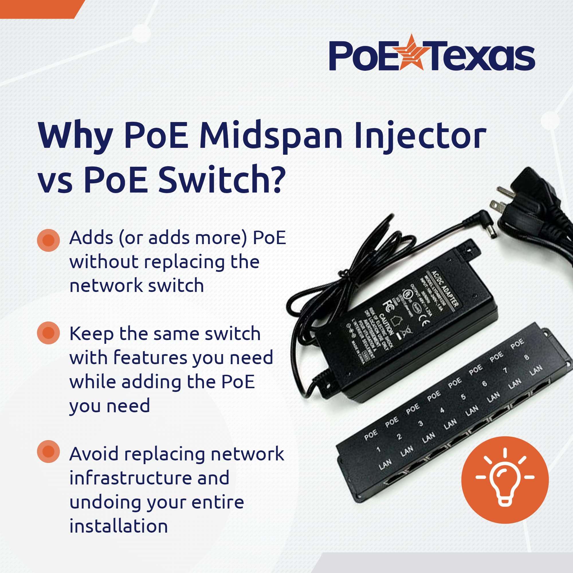 PoE Texas 8 Port Injector - 10/100 Passive Power Over Ethernet With 48V 60W UL Power Supply - 802.3af for VoIP Phones, WiFi Access Points, IP Cameras - Add to A Non-PoE Switch 6