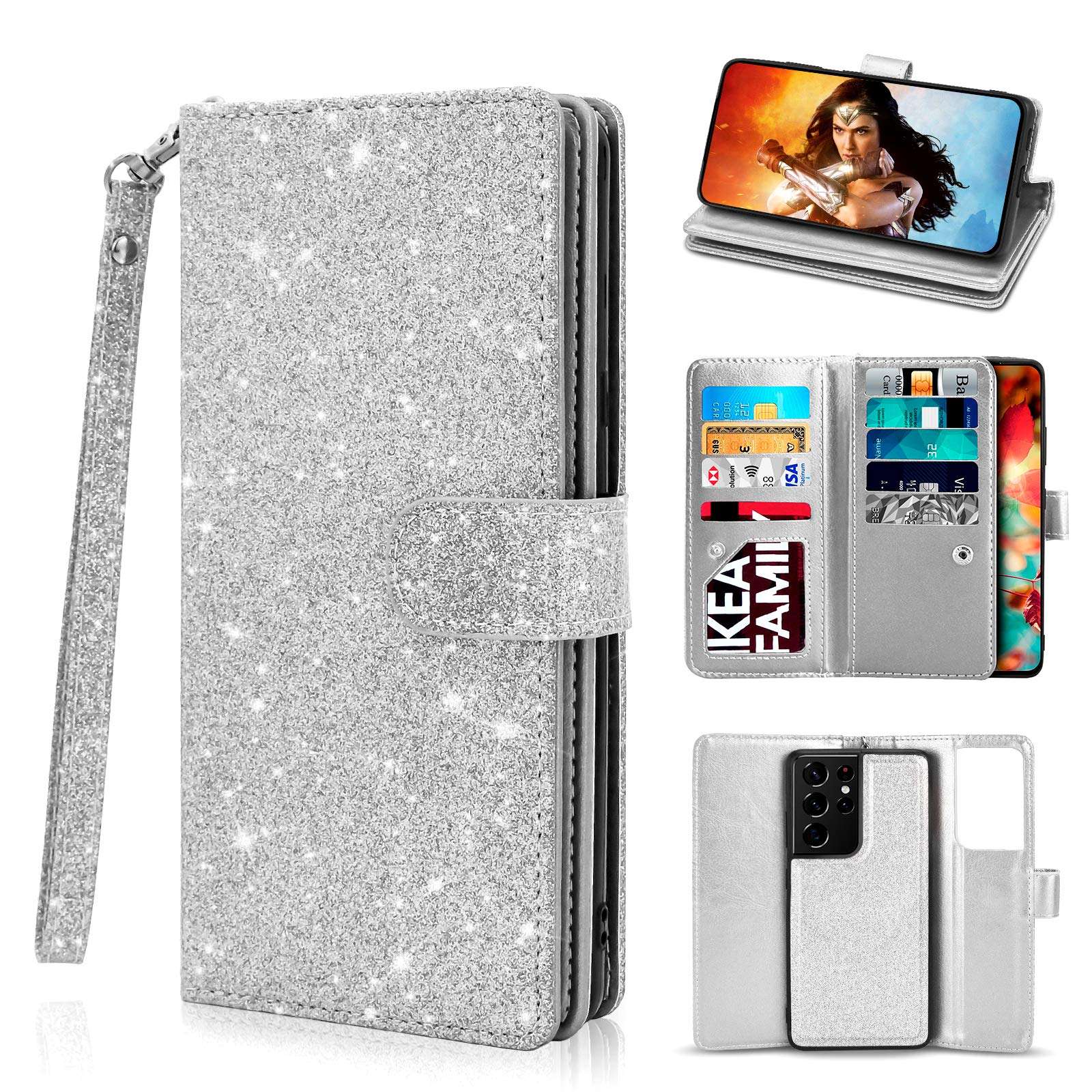 Newseego for Samsung Galaxy S21 Ultra Wallet Case (6.8 Inch),Glitter PU Leather Magnetic Closure Multi-Credit Card Slot Cash Holder Detachable 2 in 1 Wallet Cover with Wrist Strap-Silver 1