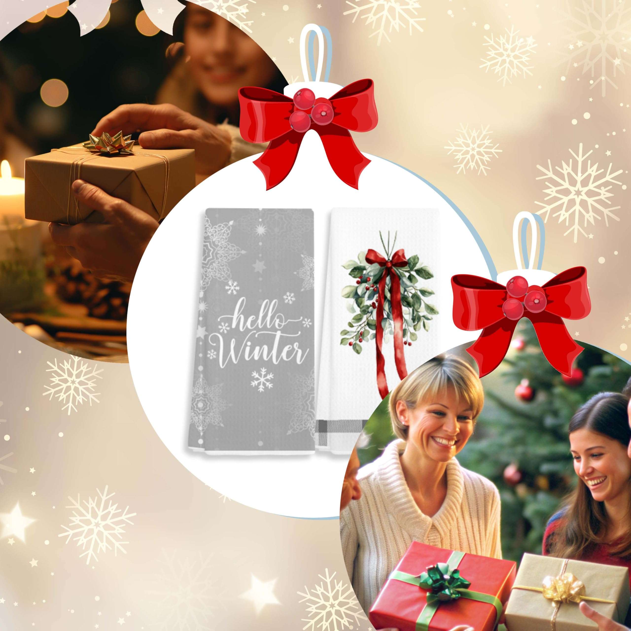EJGFS Winter Decorative Kitchen Towels Set of 2, ‘Hello Winter’ Dish Towels, Winter Decorations, Christmas Ornaments, Hand Towels, 16x24 Inches, for Family, Friends, etc.(033) 6