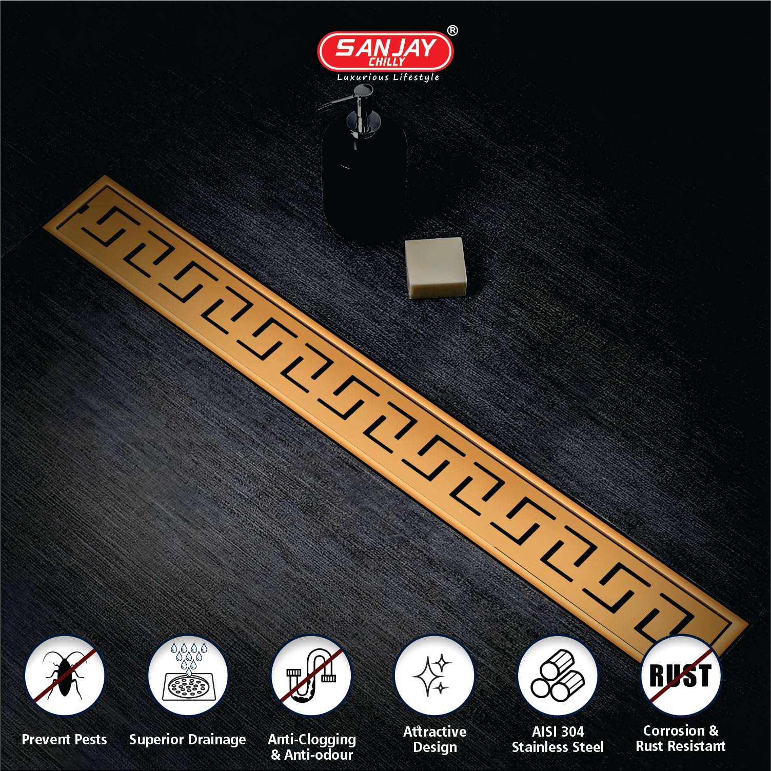 SANJAY CHILLY Trio Shower Channel Drainer SS Floor Drain Channel 304 Grade Cockroach Trap with Collar Bathroom GRATINGS Colour Collection (Side Hole - Rose Gold - 36x4 INCH) 6