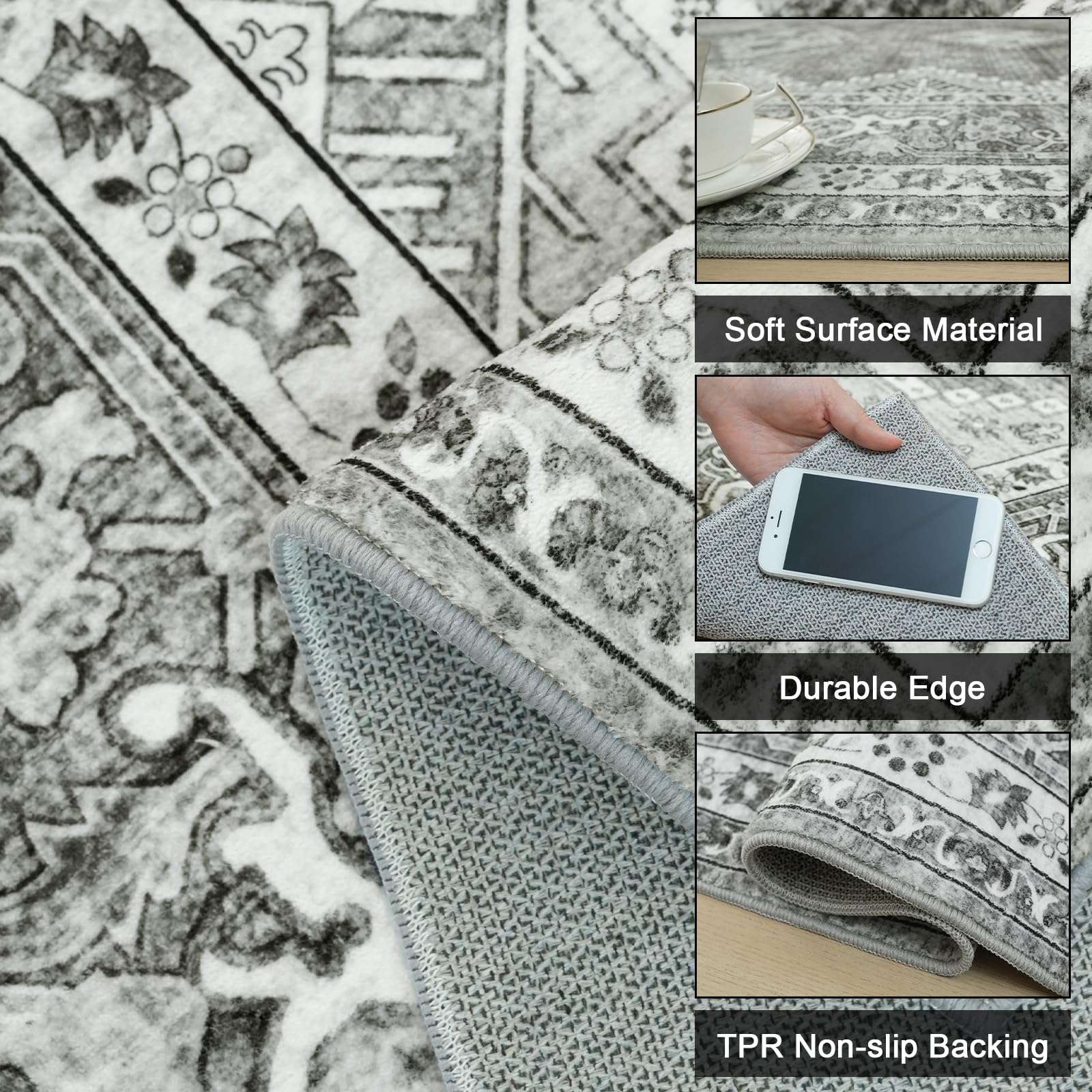 GUGUTEA 4x6 Area Rug Washable Boho Printed Rugs for Bedroom, Soft Living Room Carpet, Vintage Non-Slip Non-Shedding Faux Wool Indoor Throw Rug for Entryway Dining Room, Grey 3