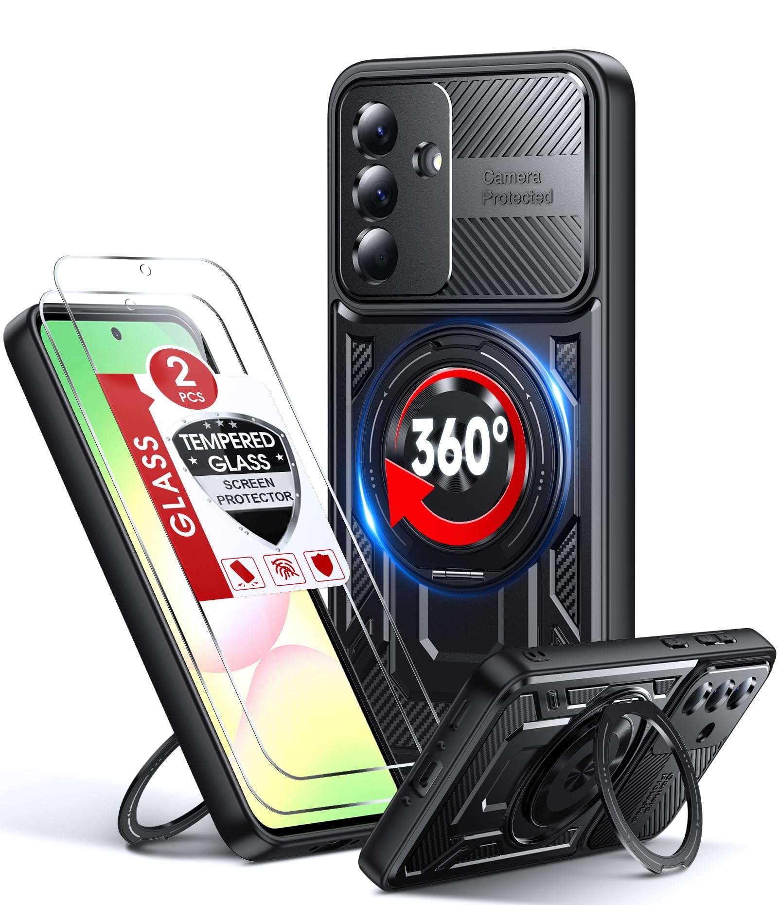 LeYi for Galaxy A36-5G Phone Case: with Glass Screen Protector, [Fit Magsafe] All-Inclusive Lens 16FT Heavy Duty Drop Protection Mobile Cell Cover with 360° Invisible Ring Stand Samsung A 36 5G, Black