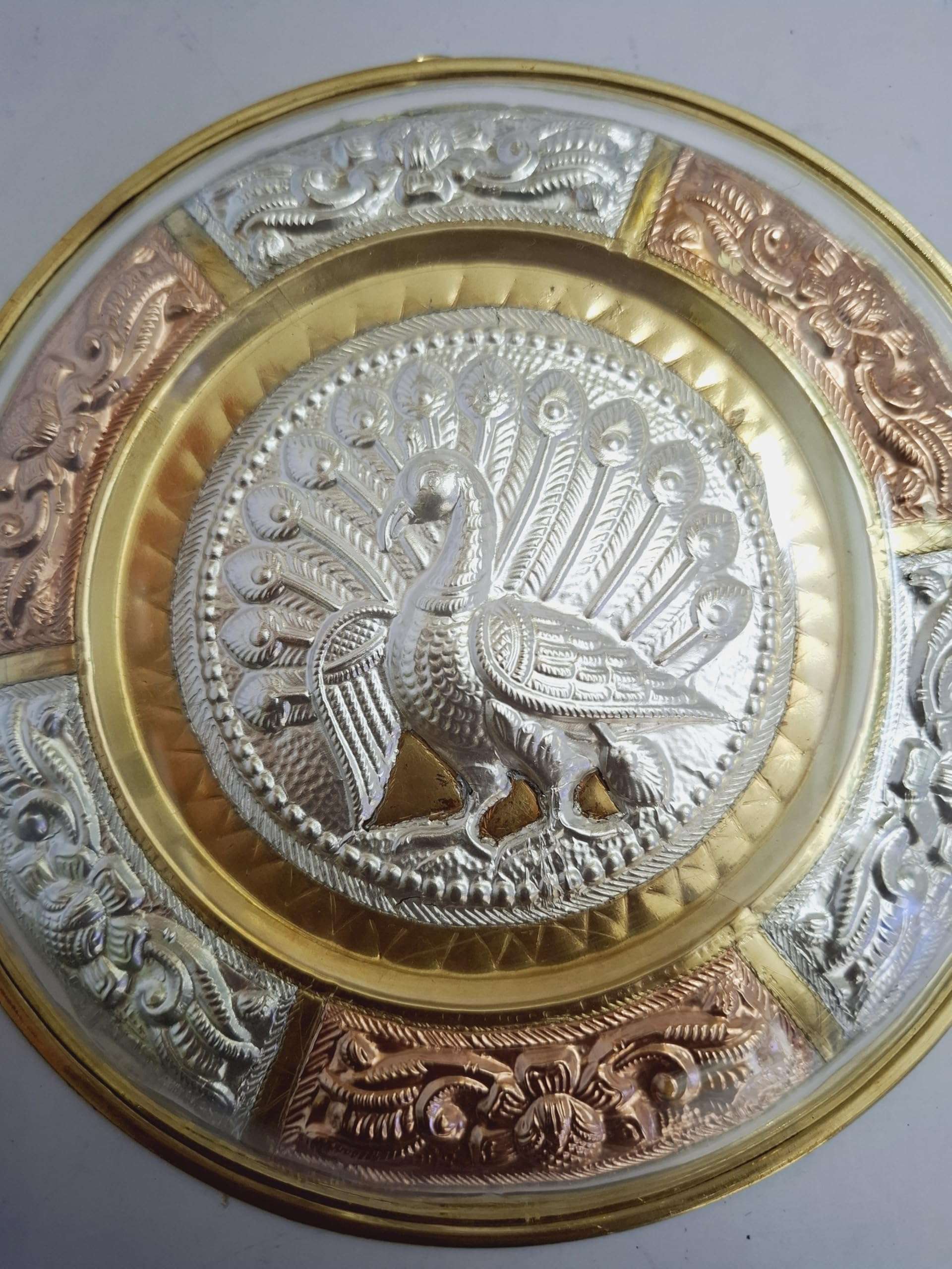 JLine Arts Peacock 7 Inches Thanjavur Art Plate, Pure Silver, Metal Art with Wall Hanging and Unbreakable Fibre Glass on The Front 3
