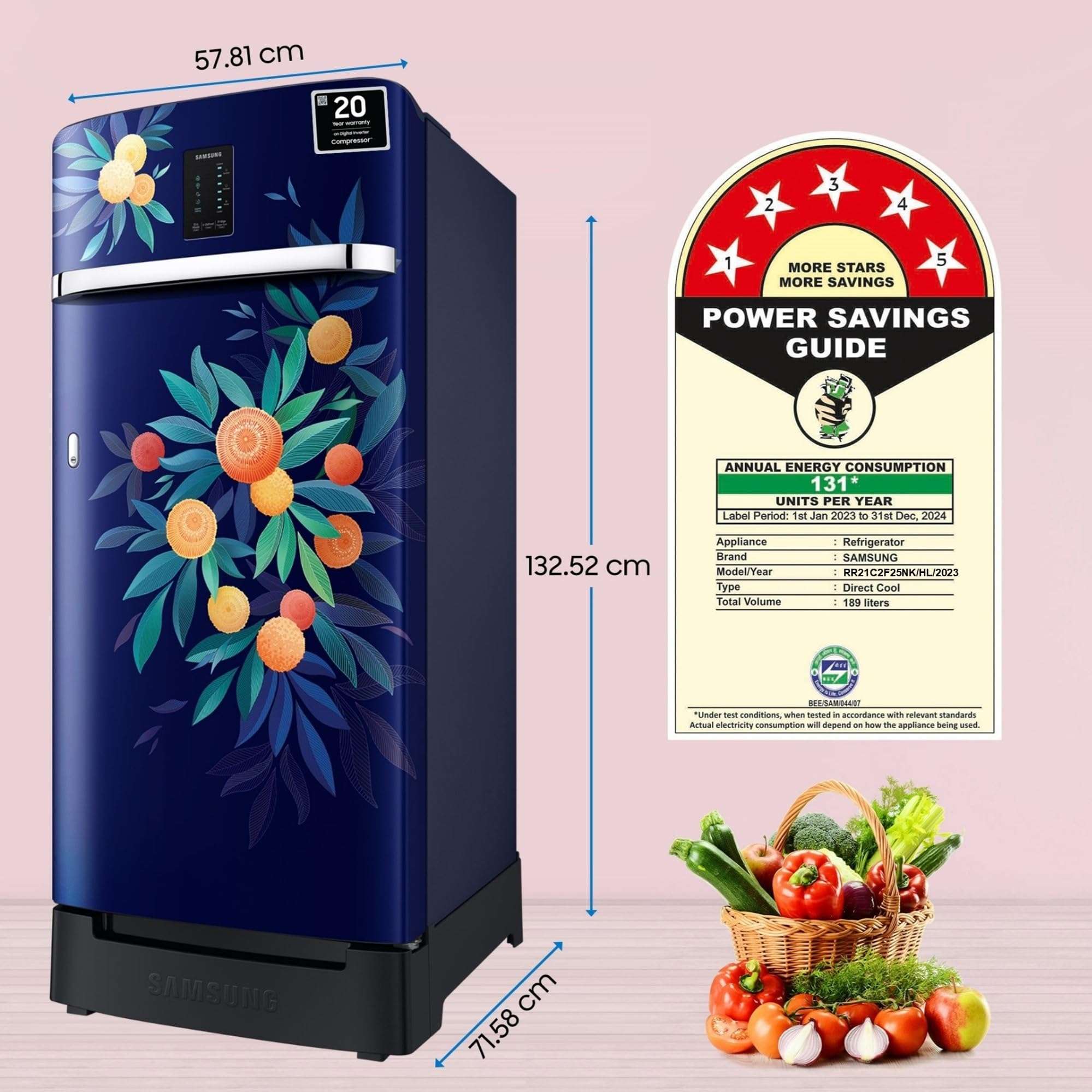 Samsung 189 L, 5 Star, Digi-Touch Cool Digital Inverter, with Display Direct-Cool Single Door Refrigerator (RR21C2F25NK/HL,Orange Blossom Blue, Base Stand Drawer, 2023 Model) 5