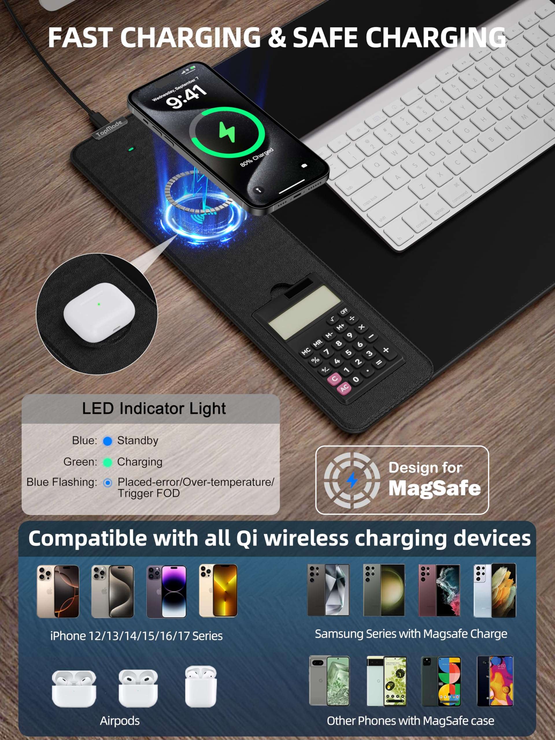 TopMade Mouse Pad with 15W Wireless Charging, Removable 8-Digit Solar Calculator, Exact Large Desk Pad, Waterproof Mousepad Home Office Desk Mat (Includes 20W PD Power Adapter & 6.56ft Woven Cable) 3