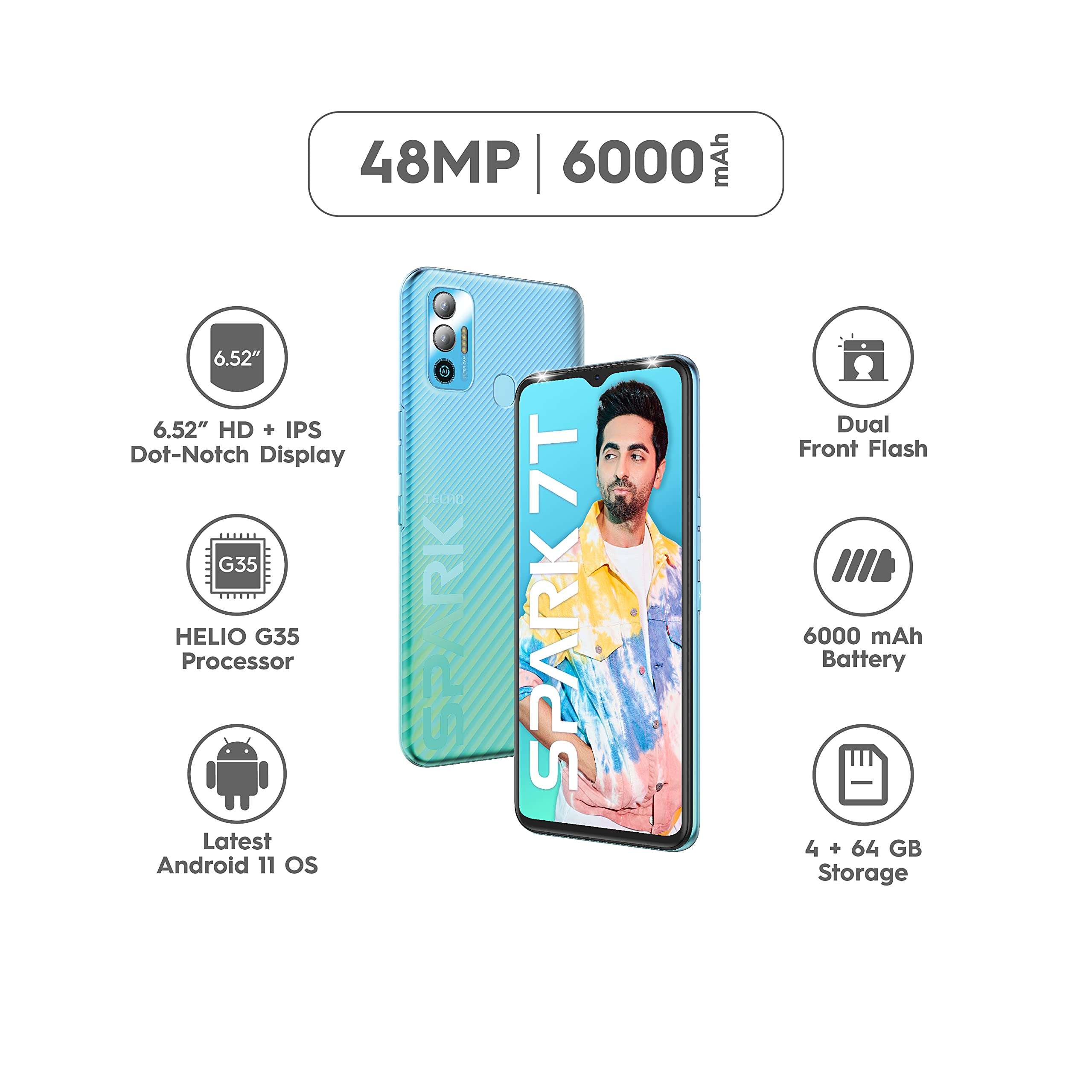 TECNO Spark 7T(Magnet Black, 4GB RAM,64GB Storage) 6000 mAh Battery| 48 MP AI Dual Rear Camera 2