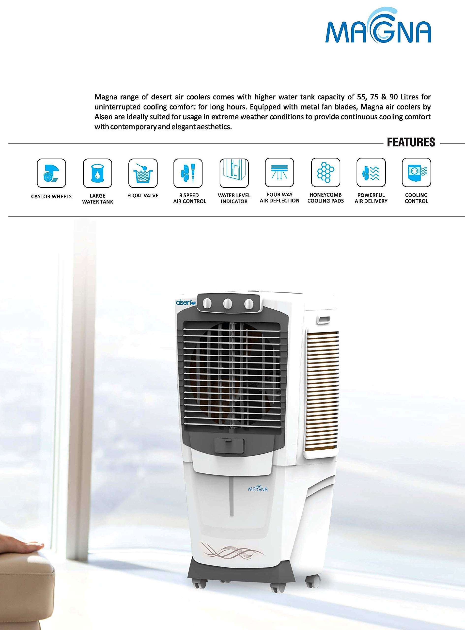 AISEN® MAGNA 90 Litre Desert Air Cooler for Room (White/Grey) 5