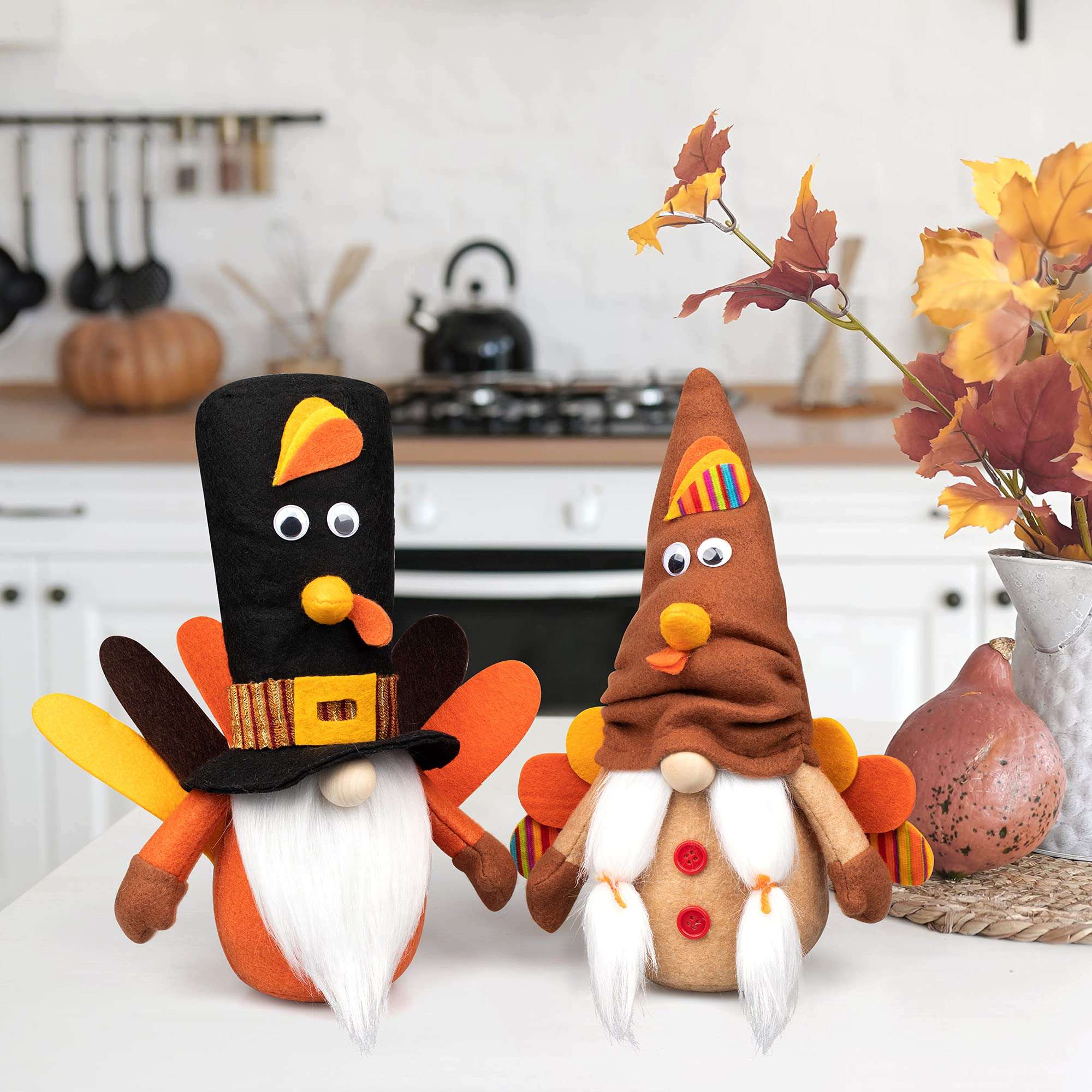 D-FantiX Turkey Fall Gnomes Plush Decor, 2Pack Squeaky Handmade Tomte Swedish Gnome Doll Scandinavian Figurine Thanksgiving Gnomes Plush Ornaments Thanksgiving Holiday Home Table Decorations Gifts 2