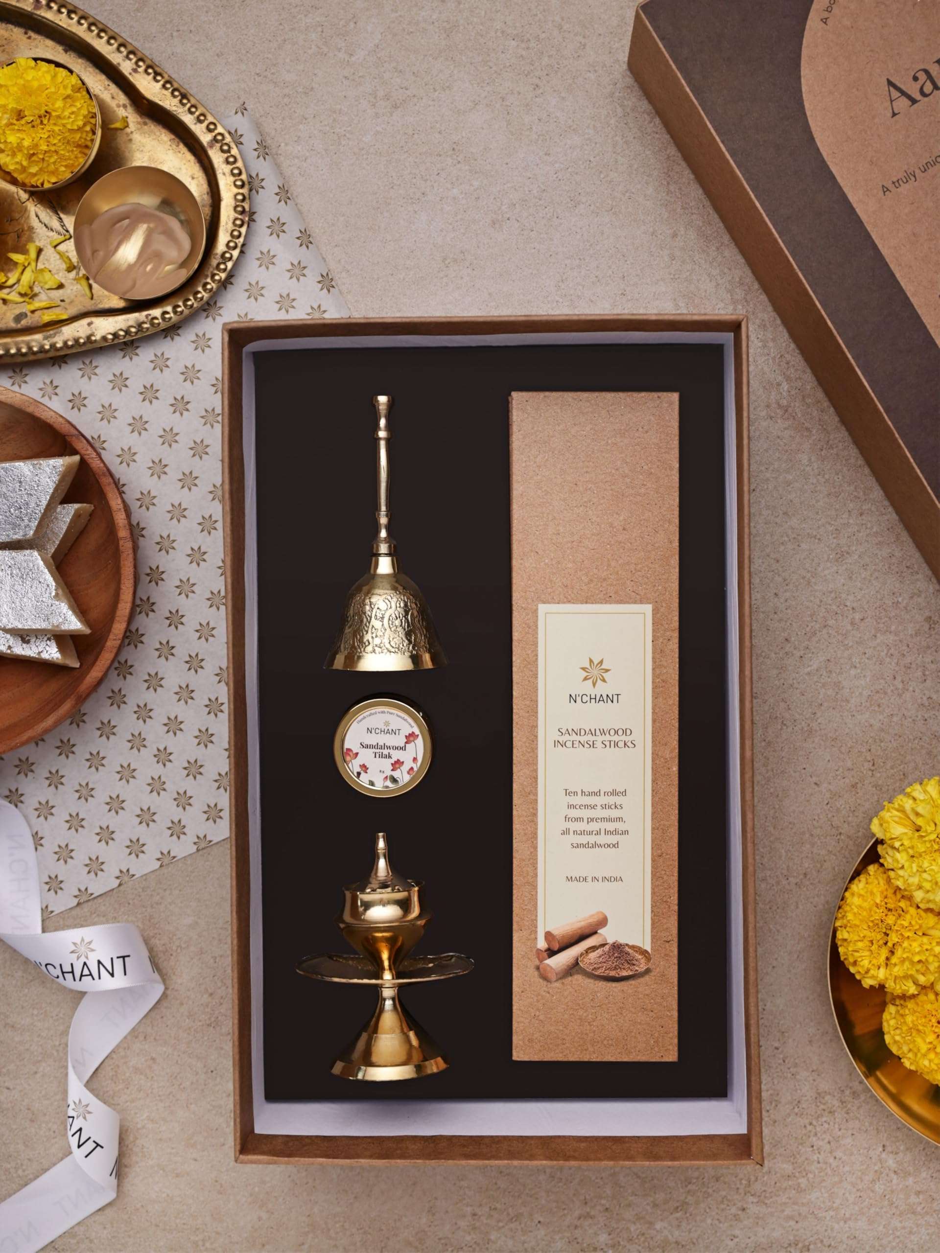 NChant Aarambh Puja Essentials Gift Box for Rituals Traditions and Ceremonies Diwali Puja Temple with Pital Bell Incense Holder Pure Sandalwood Tilak Incense Sticks Set of 1