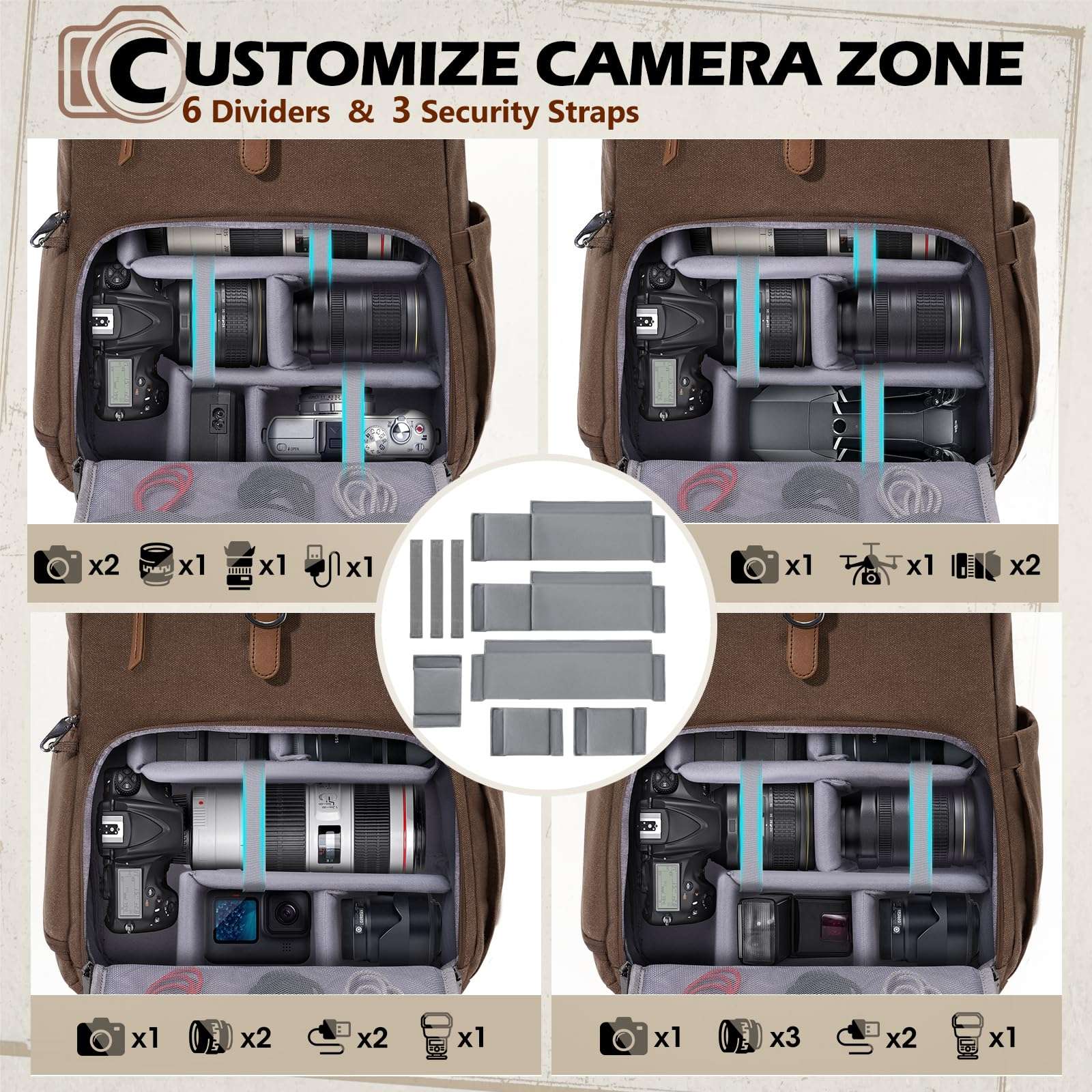 RAINSMORE Camera Bag Backpack for DSLR/SLR Mirrorless 15.6 Inch Laptop Camera Back Pack for Photographers Anti-Theft Photography Bags Case with Tripod Holder & Rain Cover, Coffee 4