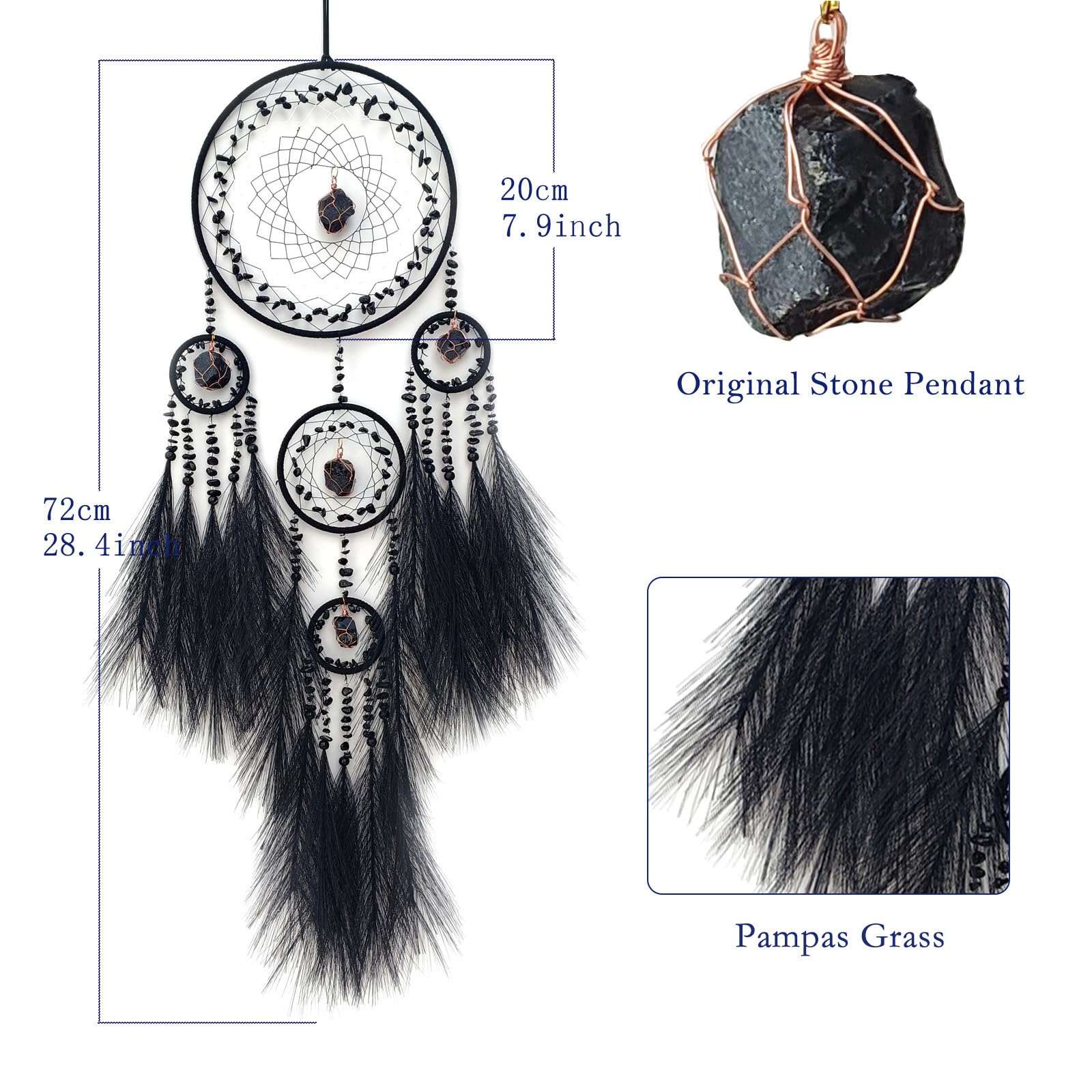 RAGKUU Black Large Dream Catcher Wall Decor Pampas Grass Dream Catchers with Stone Pendant Handmade Dreamcatcher Wall Hanging Ornament Art Craft for Bedroom Living Room Home Decor 3