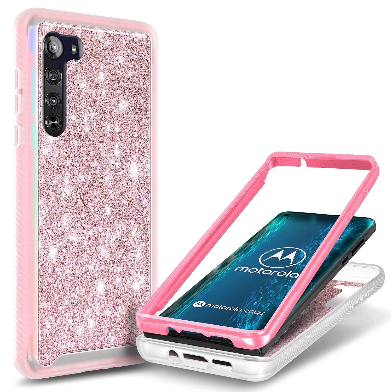 E-Began Motorola Moto Edge 5G Case, [Not Fit Motorola Edge+ Plus], Full-Body Shockproof Protective Bumper Cover, Support Wireless Charging, Impact Resist Durable Phone Case (Glitter Bling Rose Gold) 1