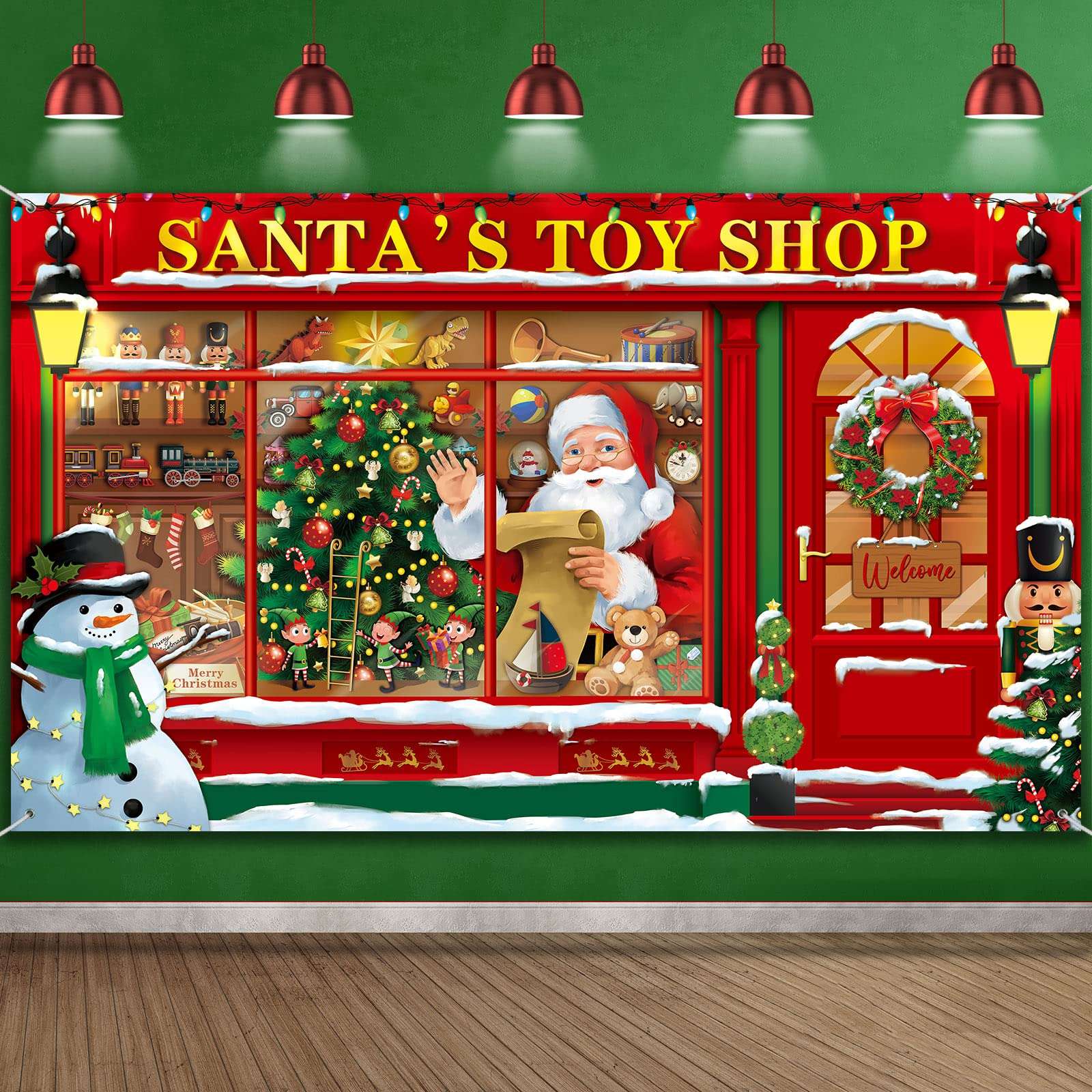 Christmas Party Photography Backdrop Banner Santa's Toy Shop Christmas Store Background Santa Store Photo Backdrop Santa's Toy Shop Background for Xmas Party Holiday Party Supplies, 72.8 x 43.3 Inch 1