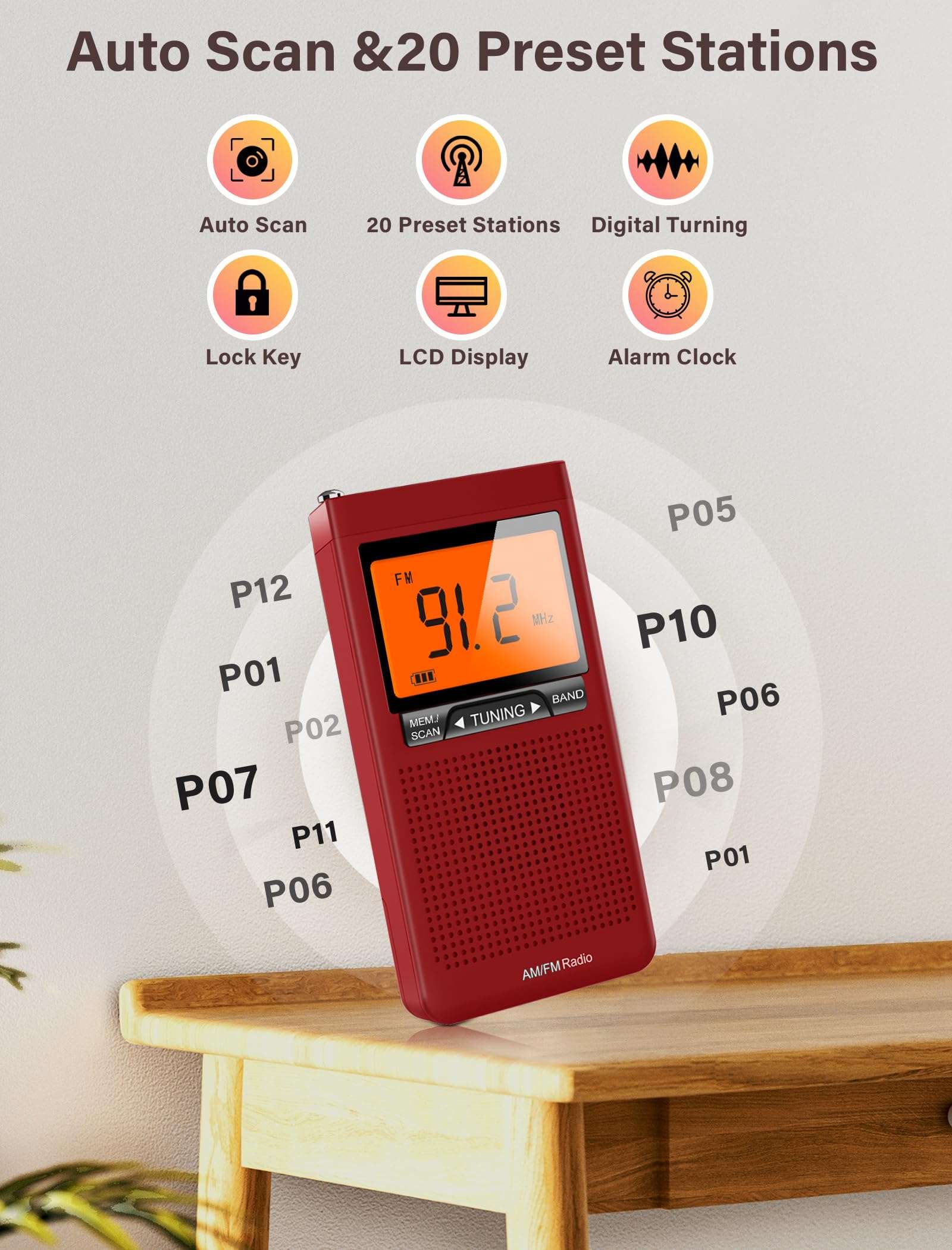 AM FM Radio Portable with Best Reception, Pocket Radio Battery Powered with Stereo Earphone, Digital LCD, Built-in Alarm Clock and Sleep Timer for Indoor & Outdoor and Emergency Use, Gift for Elderly 4