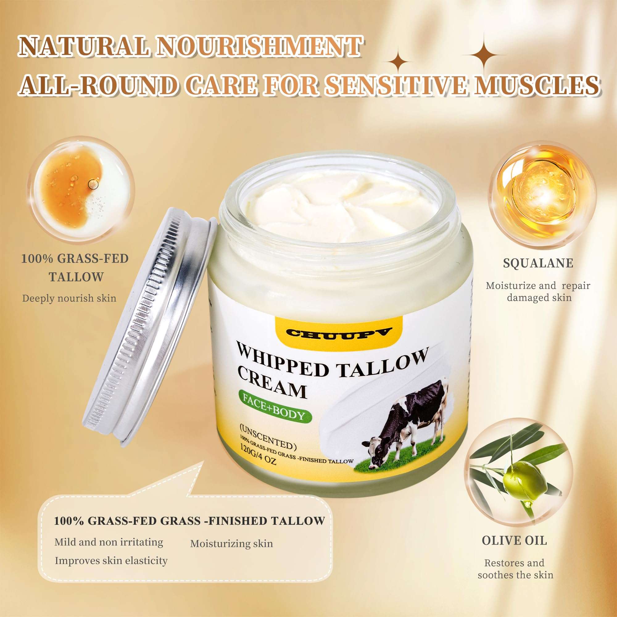 Beef Tallow for Skin, Organic Grass-Fed Beef Tallow Balm with Raw Honey - Whipped Moisturizer for Face & Body - All-Natural Skin Care for Soft, Hydrated Skin 4OZ 6