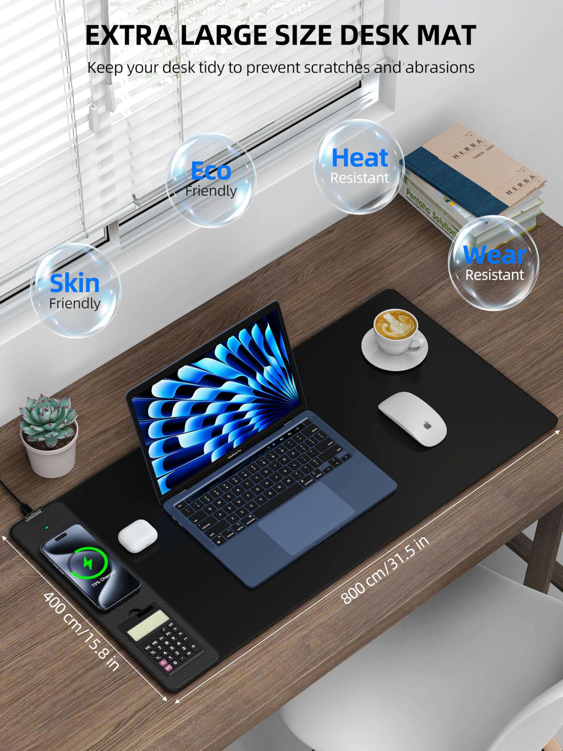 TopMade Mouse Pad with 15W Wireless Charging, Removable 8-Digit Solar Calculator, Exact Large Desk Pad, Waterproof Mousepad Home Office Desk Mat (Includes 20W PD Power Adapter & 6.56ft Woven Cable) 4