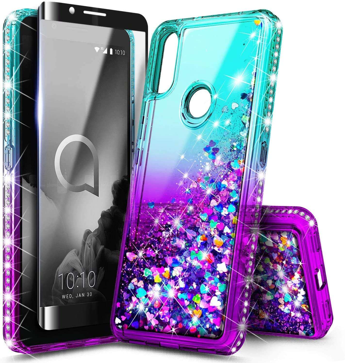 E-Began Case for Alcatel 3V (5032W) with Tempered Glass Screen Protector (Full Coverage), Glitter Liquid Floating Gradient Sparkling Bling Diamond, Durable Girls Women Cute Case -Aqua/Purple 1
