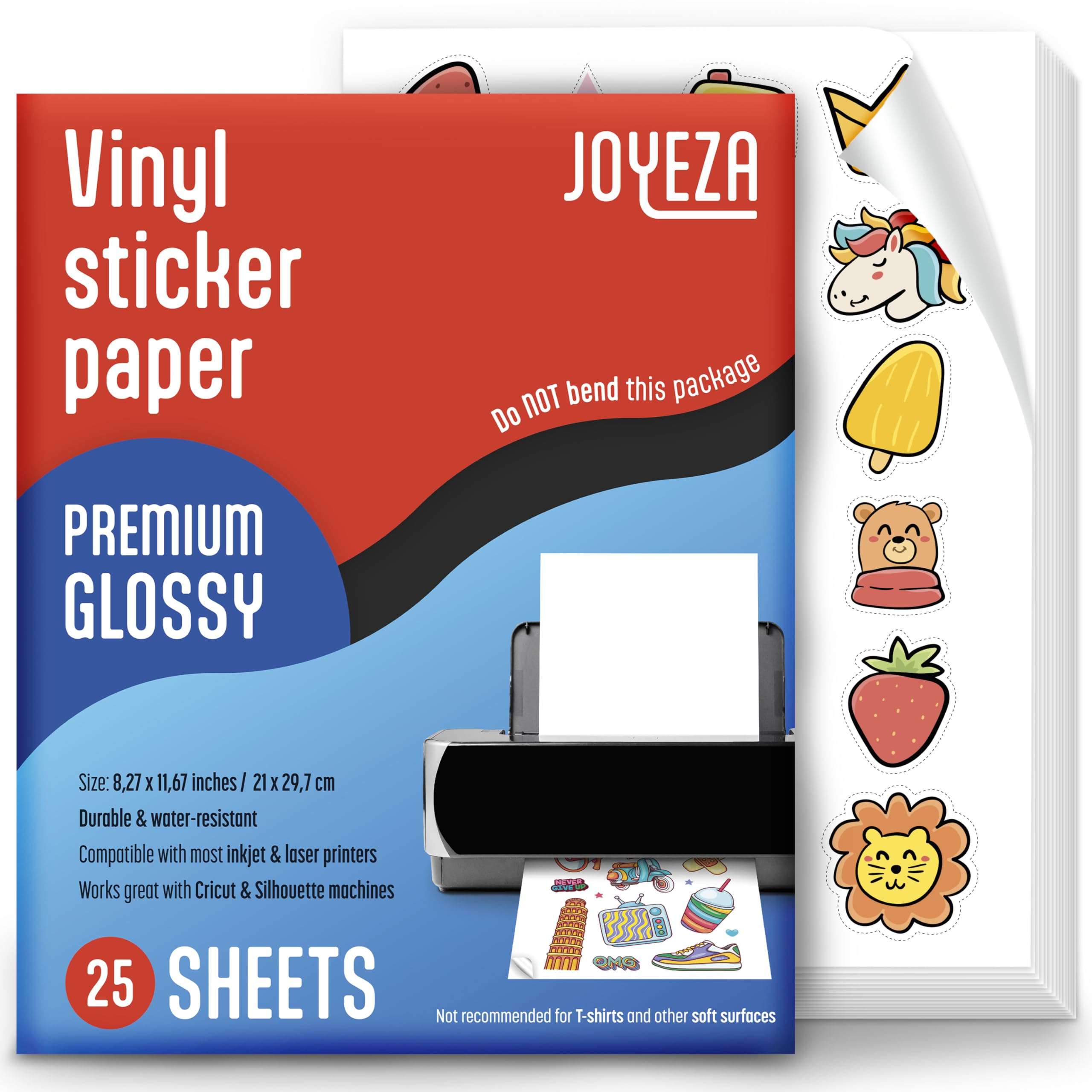 JOYEZA Premium Printable Vinyl Sticker Paper for Inkjet Printer - 25 Sheets Glossy White Waterproof, Dries Quickly Vivid Colors, Holds Ink Well - Inkjet & Laser Printer 1