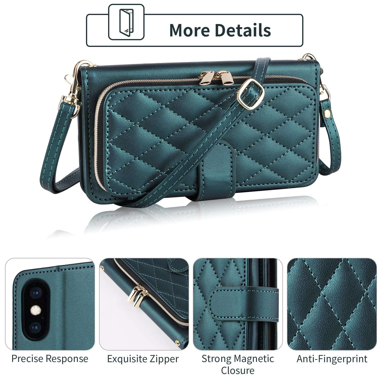 Furiet Argyle Wallet Case for iPhone Xs Max with Wrist Strap Shoulder Strap Card Slots Zipper Purse, Luxury PU Leather Stand Phone Cover for i X XR Xsmax 10x SX Xmax 10xs 10s 10 Plus Xmaxs Green 4