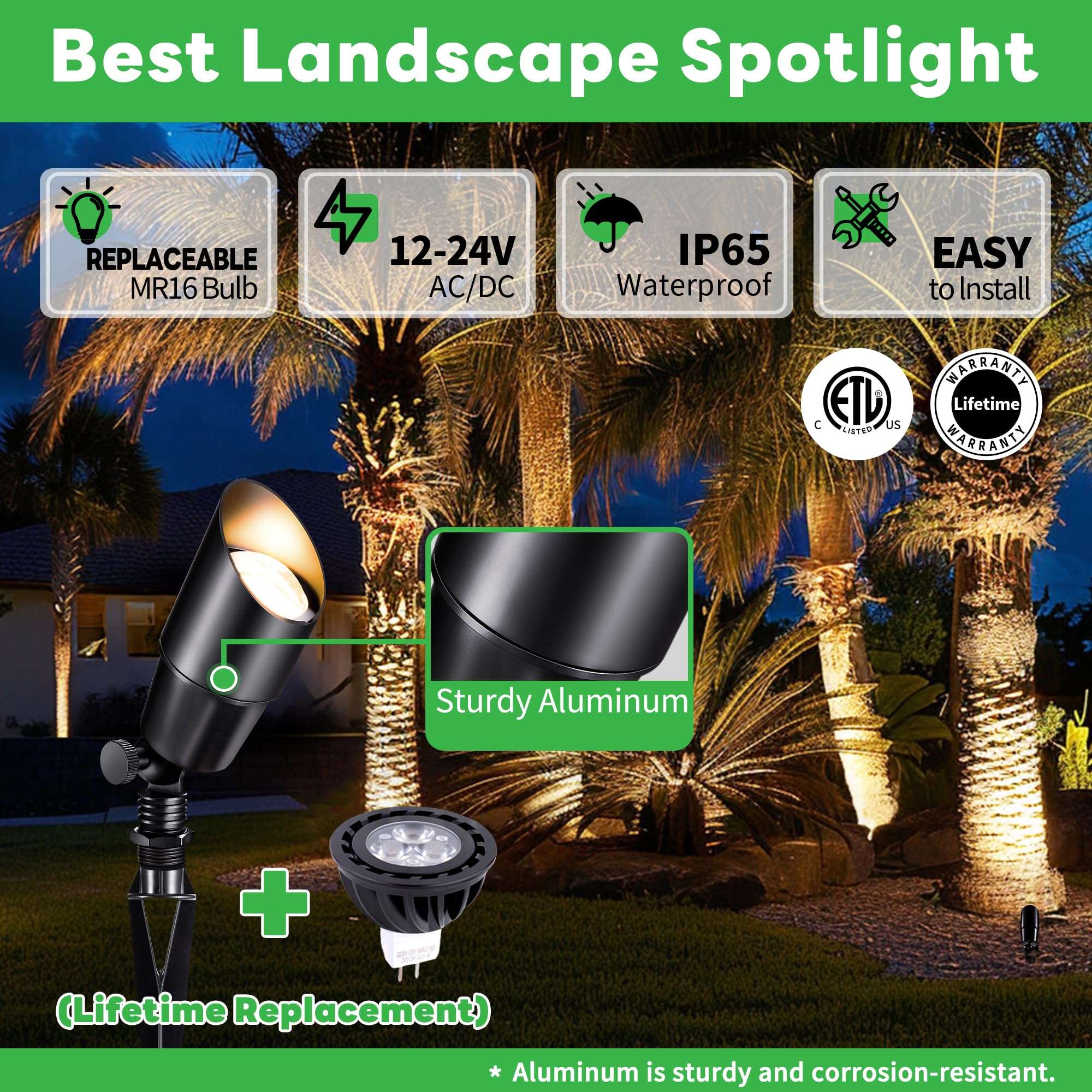 Varmtalys LED Outdoor Spotlights, Black Low Voltage Waterproof Spot Light, Aluminum Landscape Lights for Porch, Backyard, Uplighting with 5W MR16 Bulb 2700K 6 Pack 3