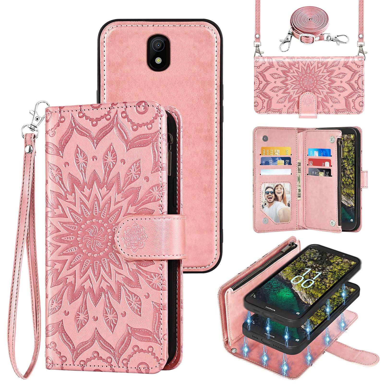 Asuwish Phone Case for Nokia C100 4G LTE N152DL Zipper Wallet Magnetic Detachable Cell Cover with Screen Protector Crossbody Lanyard Strap Flip Card Holder Slot C 100 100C 5.45 2022 TA1484 Rose Gold