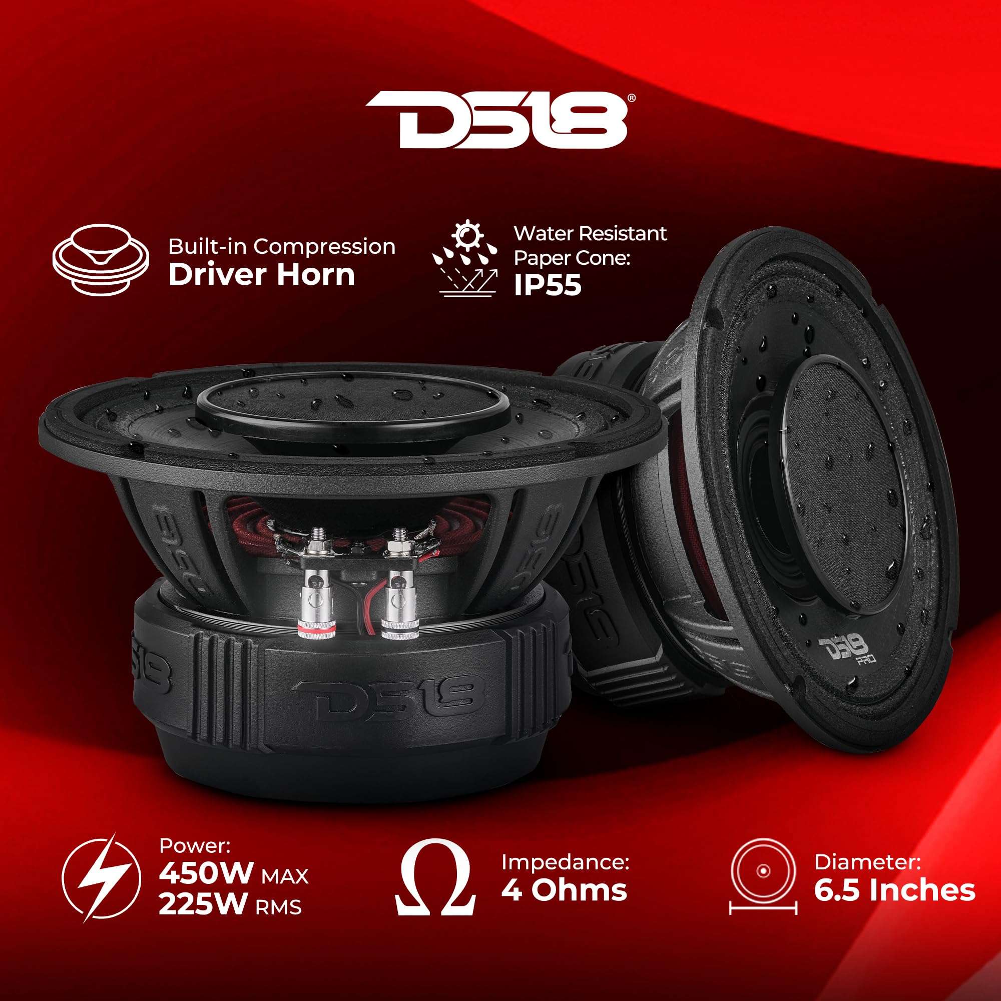 DS18 PRO-HY6.4B 6.5" Hybrid Mid-Range Car Audio Loudspeaker with 1" VC Built-in Compression Driver Horn and Water Resistant Cone 450W Max 225W RMS 4 Ohms (1 Speaker) 3