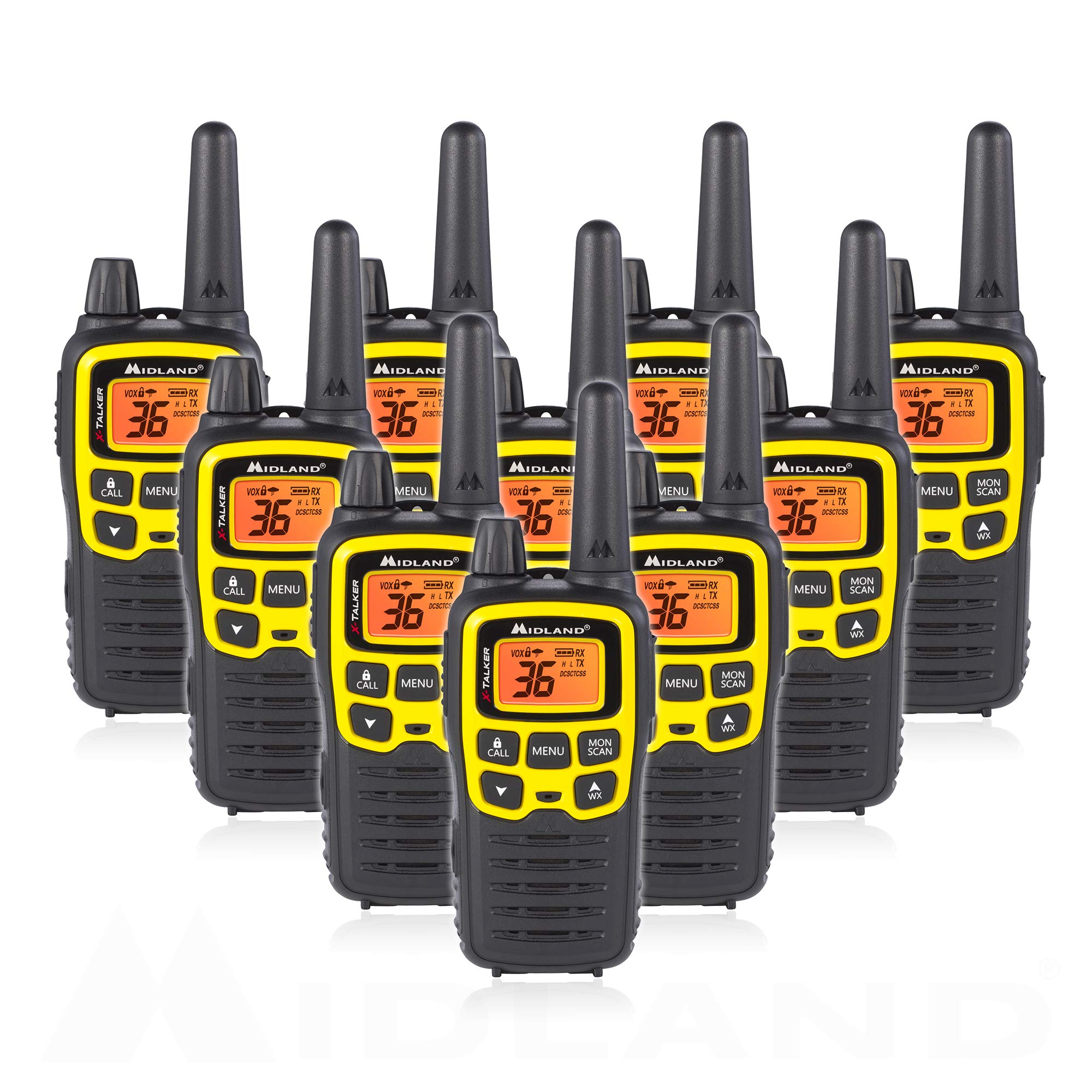 Midland T61VP3 36 Channel FRS Two-Way Radio - Up to 32 Mile Range Walkie Talkie - Yellow/Black (Pack of 10)