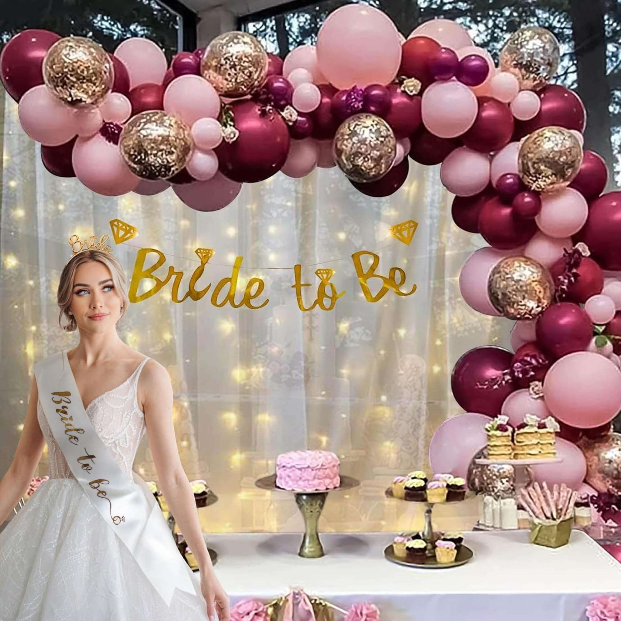 SpecialYou Bride to be Decoration Items with bride to be sash & Headband- 71 Pcs, Burgundy & pink balloons for Decoration, Props, bridal shower decorations kit 1