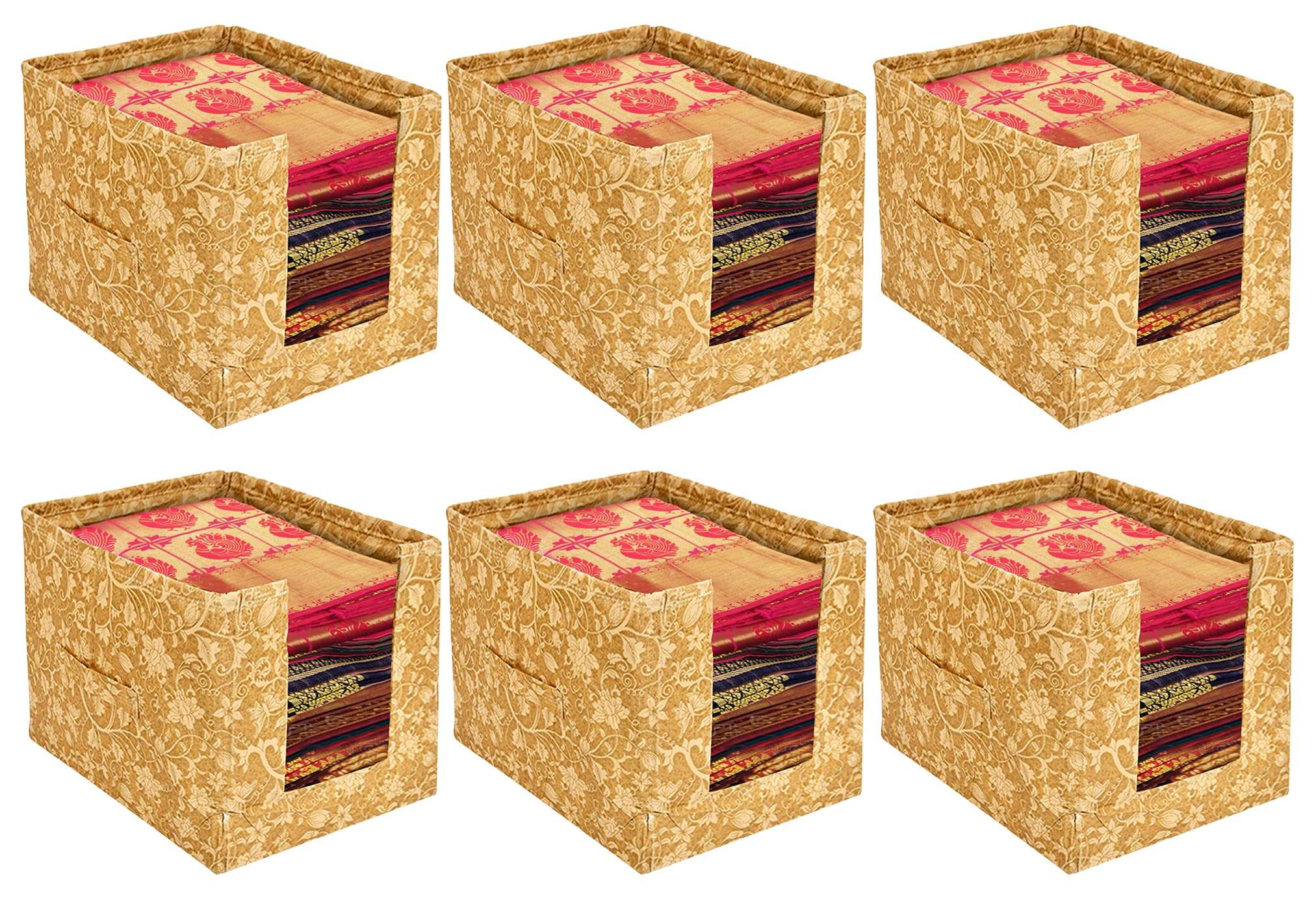 Kuber Industries Metalic Flower Print Foldable Rectangle Cloth Saree Stacker Cloth Wardrobe Organizer- Pack of 6 (Beige)