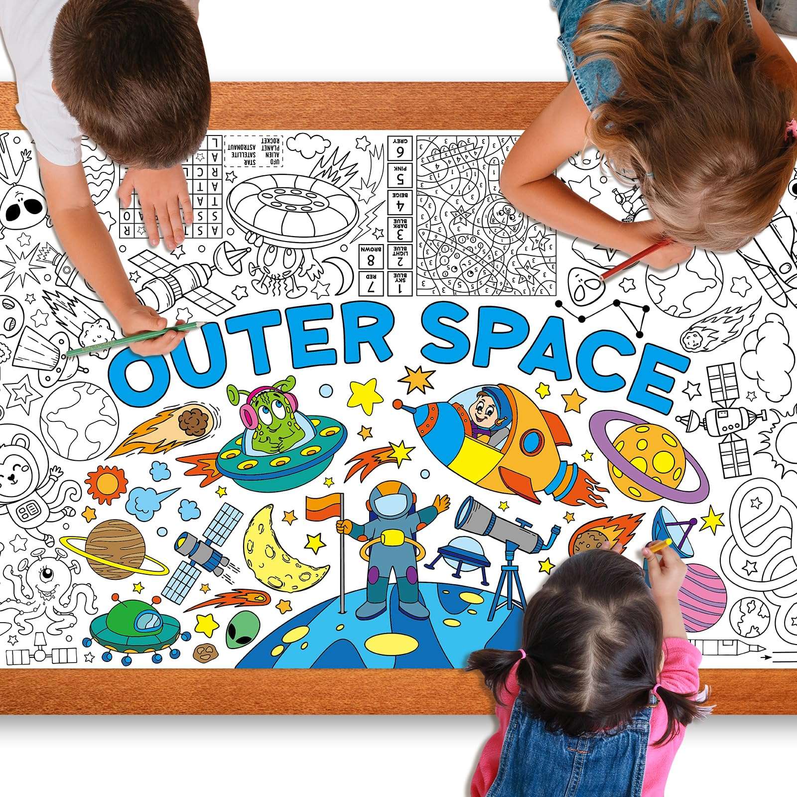 Outer Space Giant Coloring Poster for Kids 30 x 72 Inch, Space Large Coloring Poster Tablecloth, Outer Space Themed Color-in Activities Games for Kids School Classroom Home Party Supplies Decorations 1