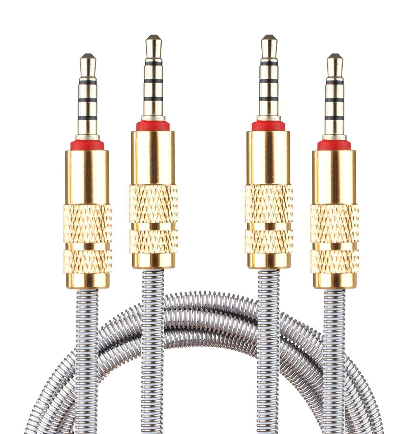 Lilware Set of 2 Metal Braided Audio 3.5mm Cables with Metal Plated Jack - 3.5mm to 3.5 mm 2.6 FT (80 CM) Audio AUX Cord - Silver 1