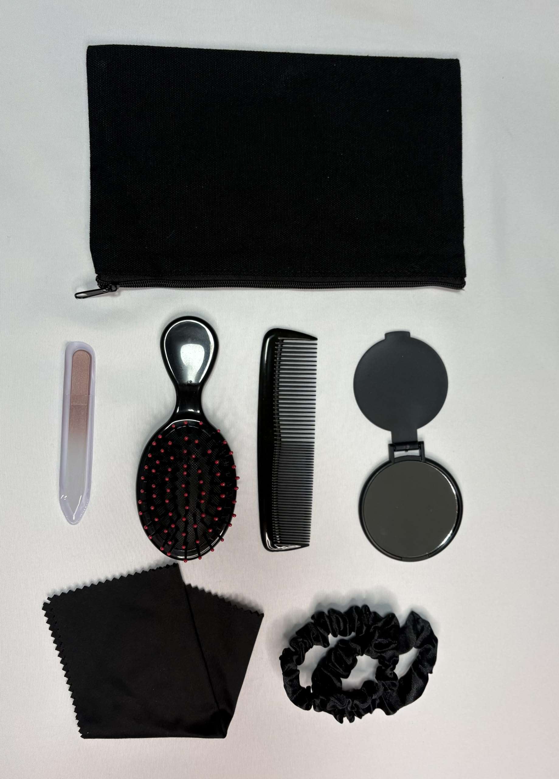Purse Essentials Kit for Women – 8 Piece Travel Hair & Grooming Set with Compact Mirror, Mini Brush, Comb, Nail File, Scrunchies & Cosmetic Pouch 1