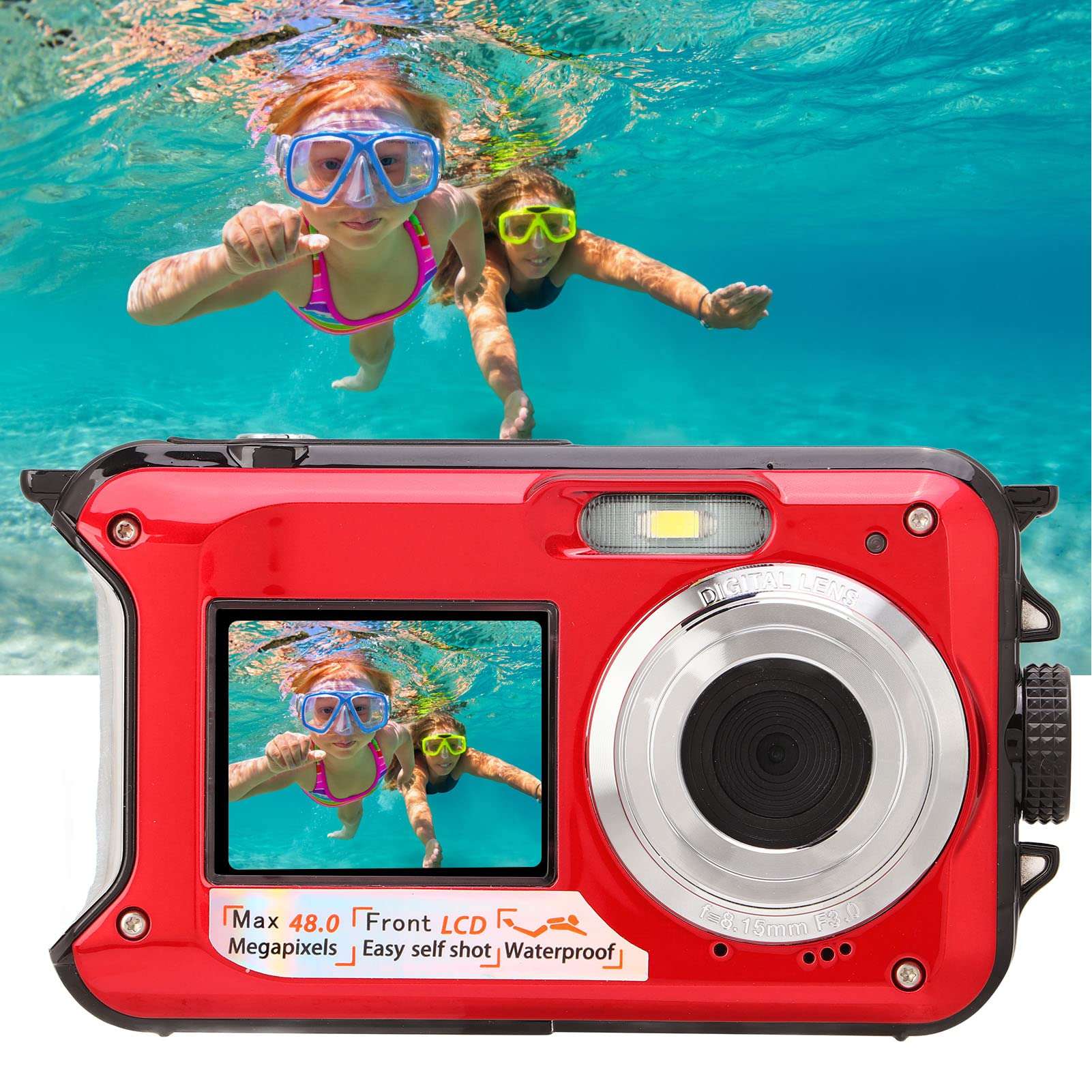 Boxwizard Full HD 2.7K 48MP 10ft Waterproof Underwater Digital Camera 16X Digital Zoom Front Rear Double Screens Waterproof Digital Camera (Red), Boxwizardzakner1730-12 6