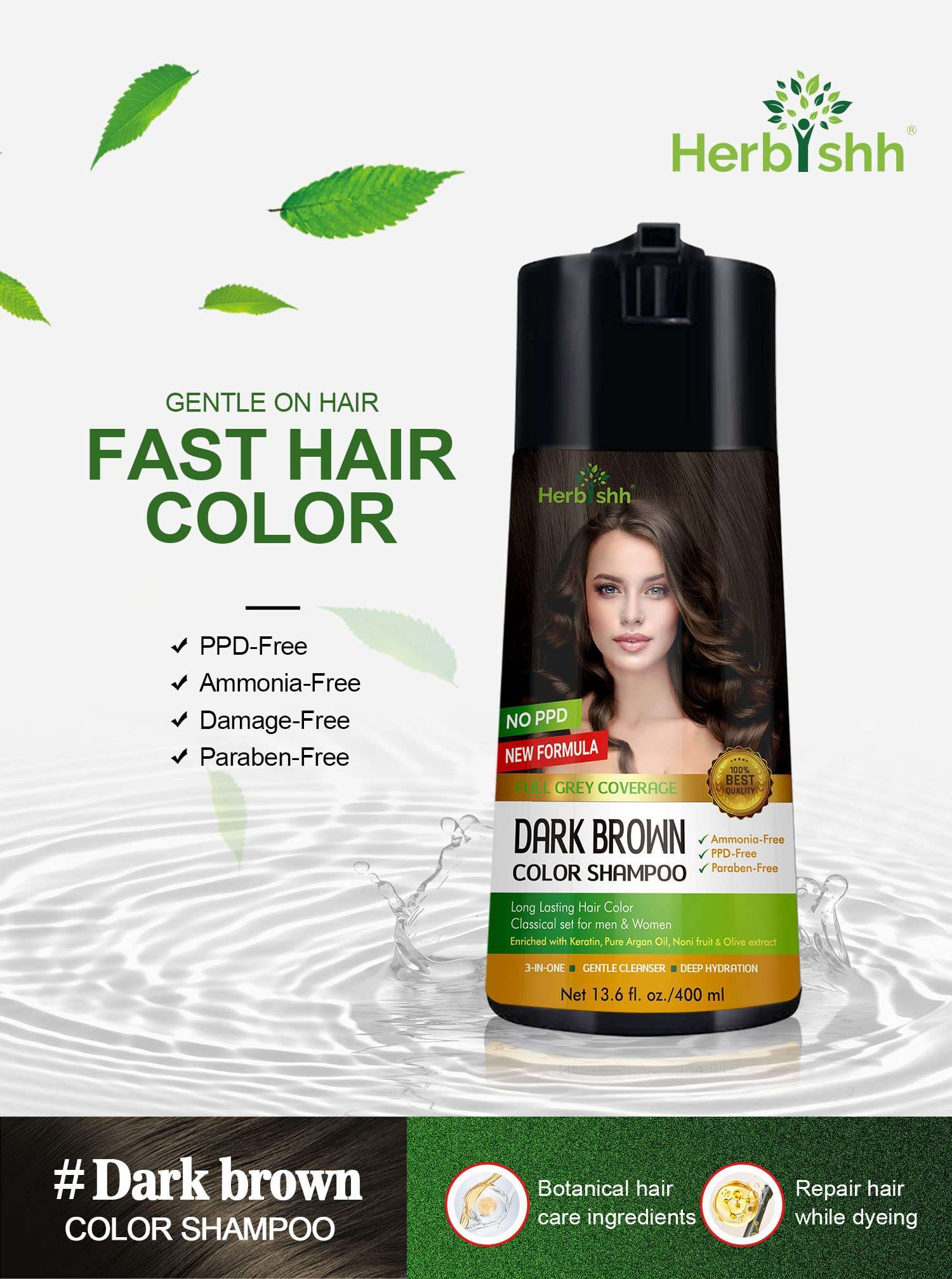 Herbishh Hair Color Shampoo (Dark Brown) - 400 mL + Hair Wax Stick 3