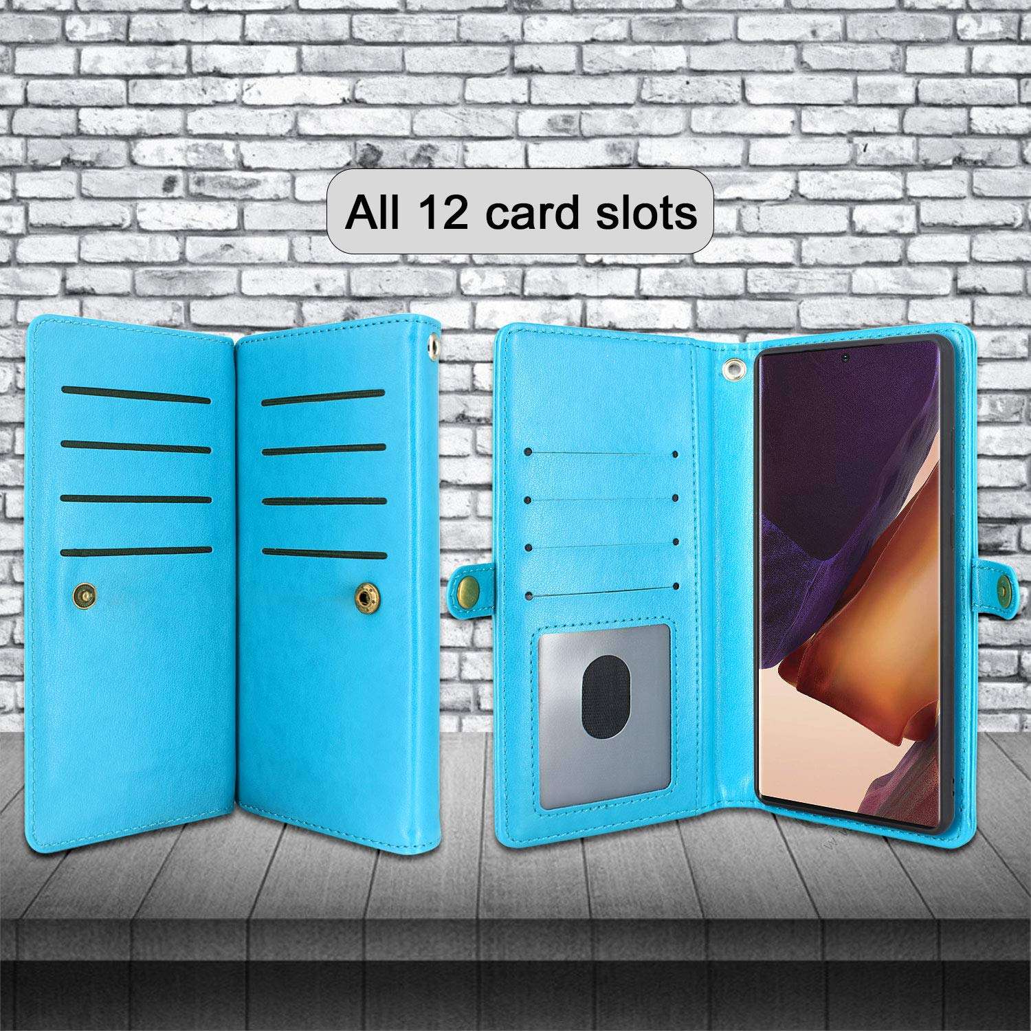 Harryshell Detachable Magnetic 12 Card Slots Wallet Case PU Leather Flip Protective Cover Wrist Strap for Samsung Galaxy Note 20 Ultra 5G 6.9 inch (2020) (Not Fit Note 20 6.7 inch) (Flower Blue) 4