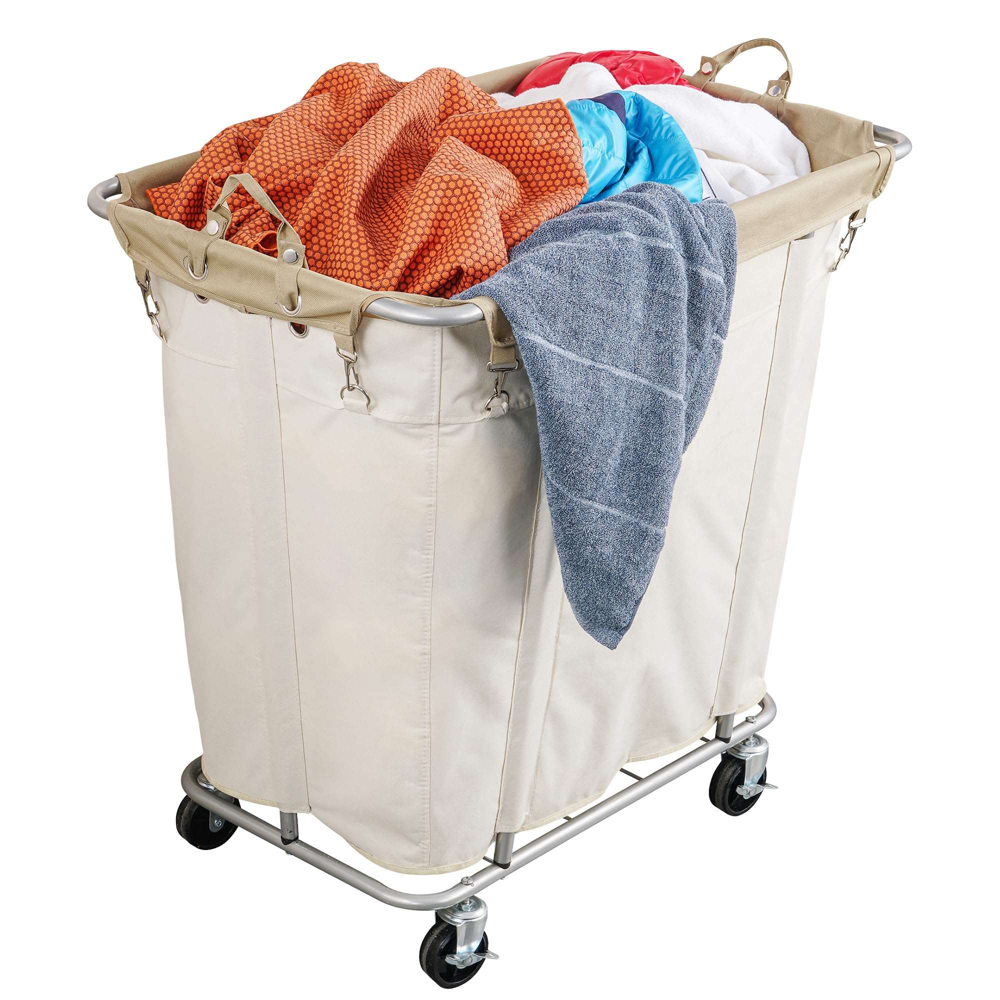 PLKOW Laundry Cart with Wheels 320L Large Rolling Laundry Cart for Commercial/Home, Rolling Laundry Basket with Steel Frame and Waterproof Lining, 9 Bushel, 32.3L x 19.7W x 30.7H Inch, Beige 1