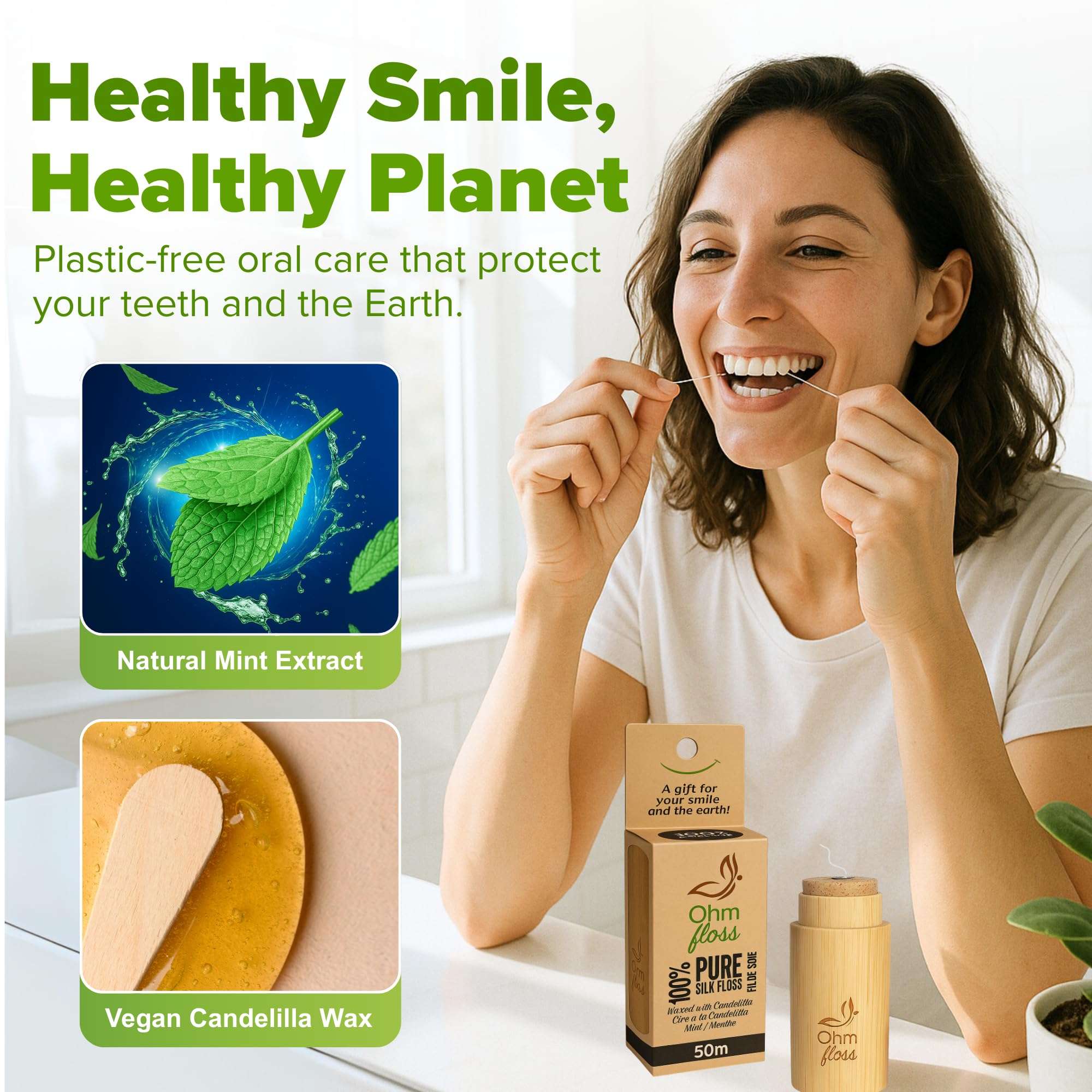 Ohm Earth’s Ohm Floss – Natural Silk Dental Floss with Refillable Bamboo Holder, Naturally Waxed with Candelilla 100% Silk, 55 yds/50m Spool – Eco-Earth Oral Care, Natural Mint 2