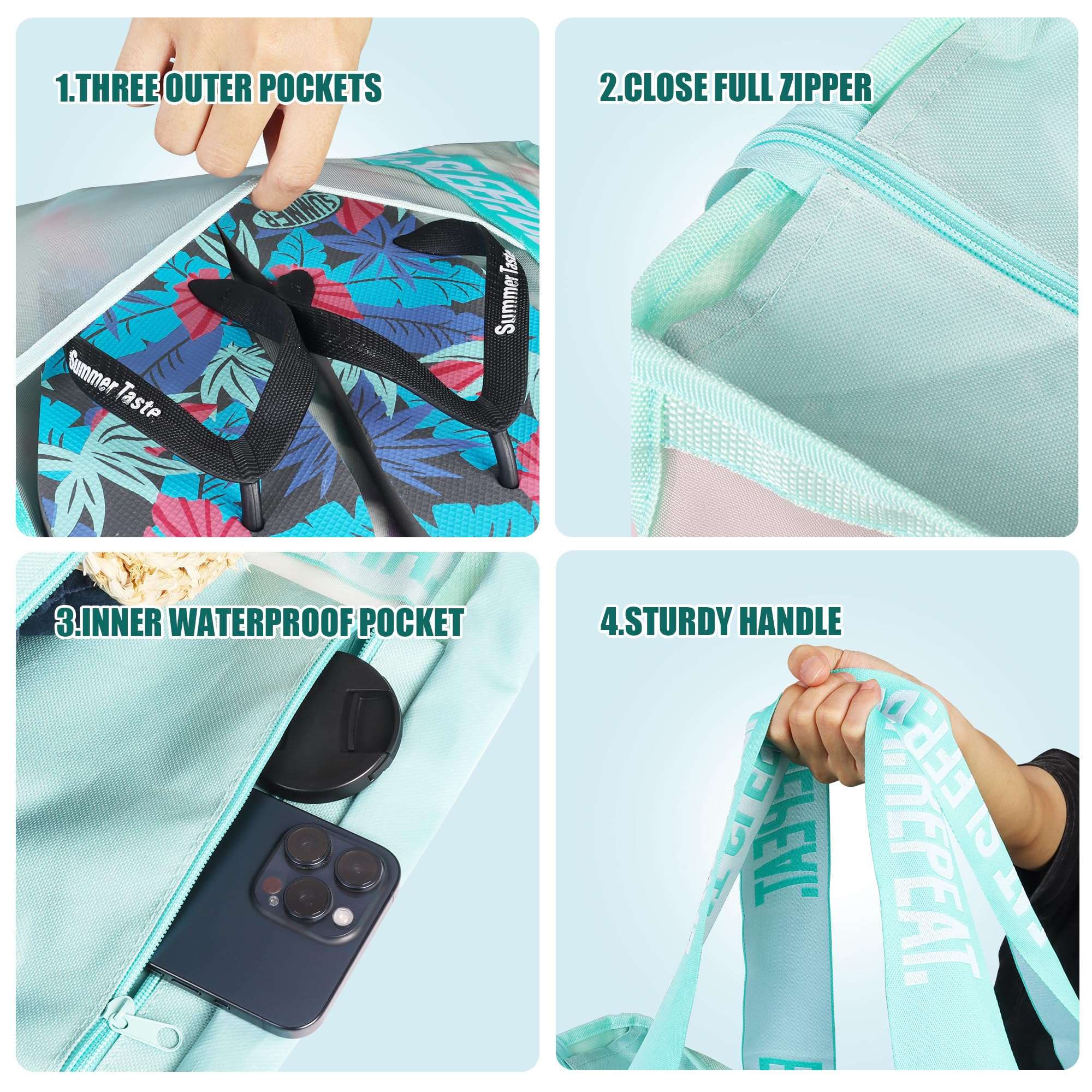 Primo Lines 31L Extra Large Teal Beach Bags 23 x 17 x 8 Mesh Beach Bag with Zipper, Large Beach Bag for Women - 2024 XL Mesh Tote Bag for Family Trip 4