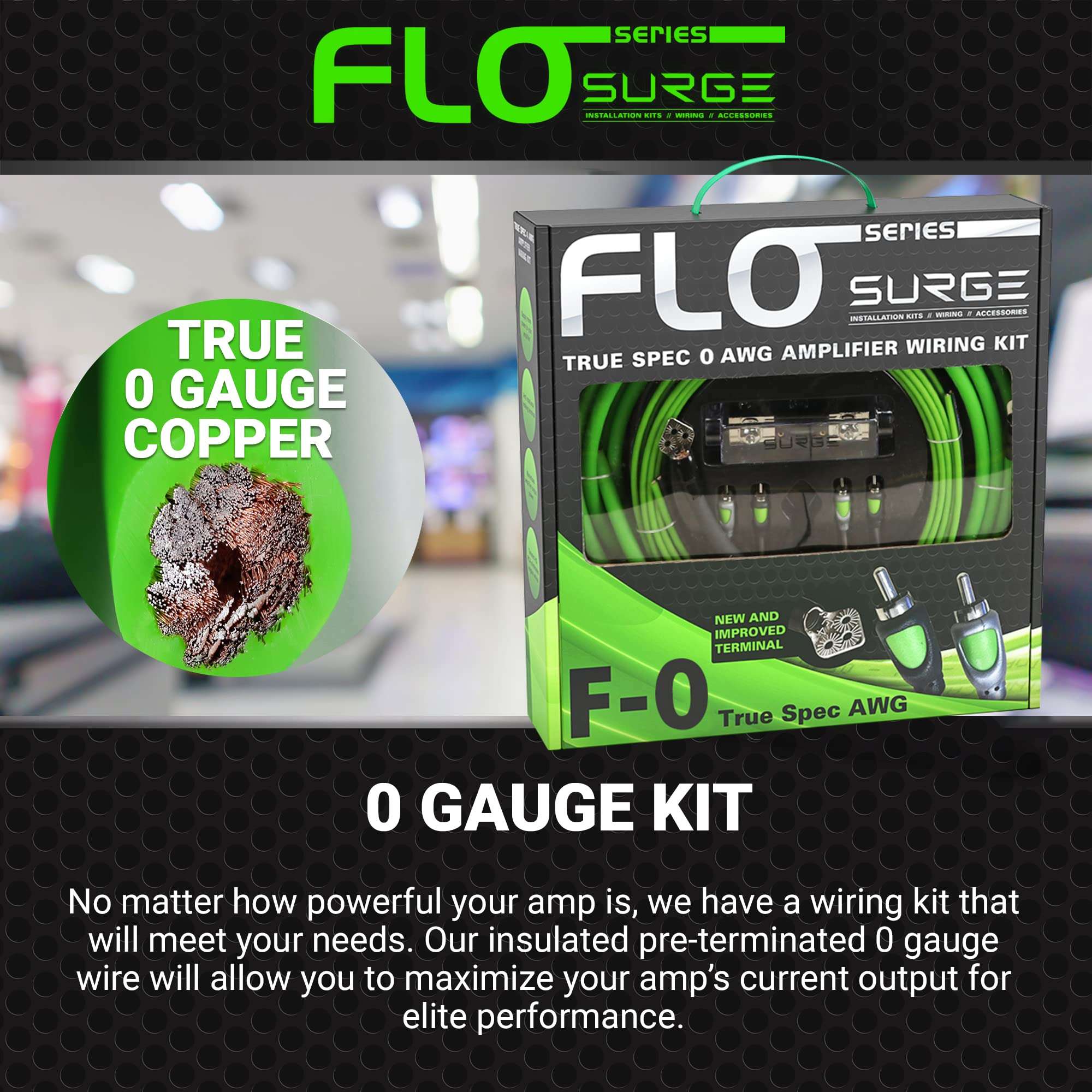 Surge Series Amplifier Installation Wiring Kit - 0 Gauge Installer Amp Kit - True Spec AWG Amp Kit - 5000W 0 Gauge Wire w/ 250A mini-ANL Fuse Holder Car Audio Wiring Kit - Car Amplifier Installation 3