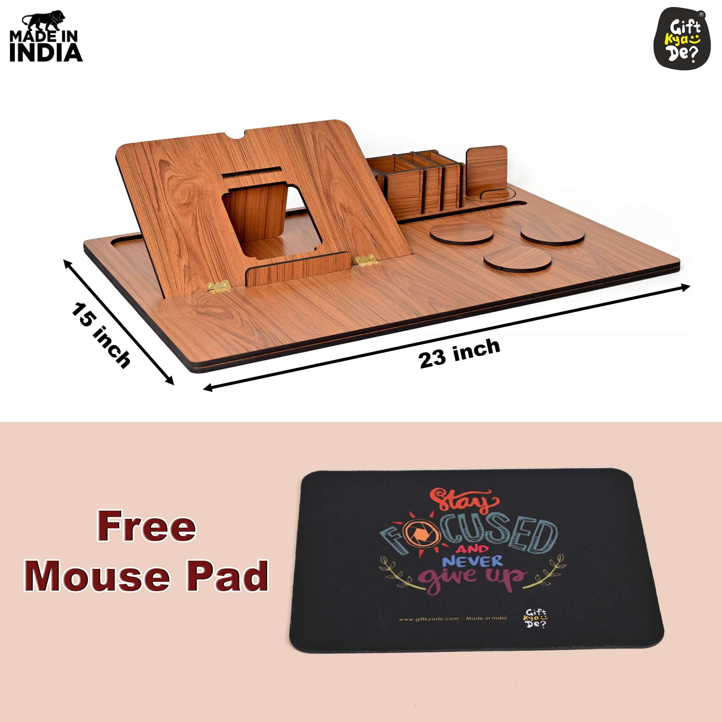 GKD Lapdesks Premium All-in-one Table top for Laptop Stand with Cooling pad Keyboard and Mouse pad Mobile Stand Stationary Desk Organizers and Coaster Set (All in One - Dark Wood) 4