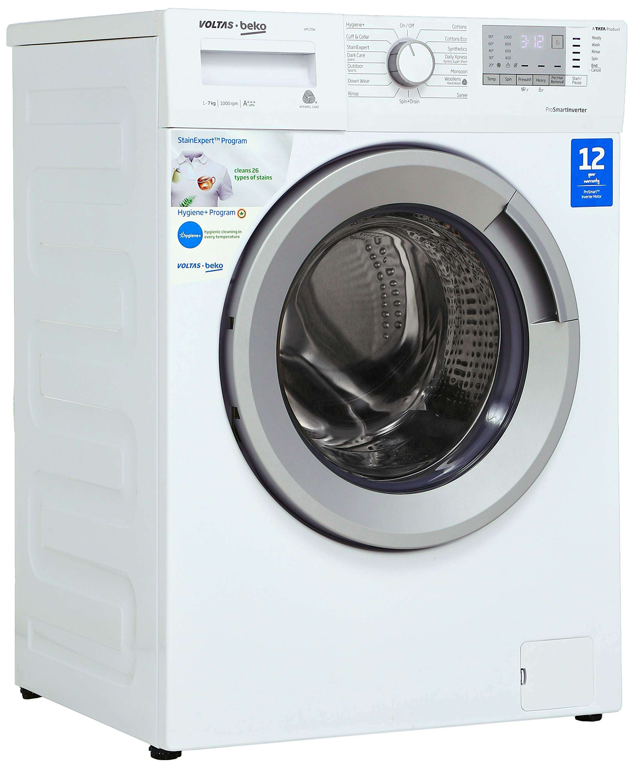 Voltas Beko 7 Kg Inverter Fully-Automatic Front Loading Washing Machine, Inbuilt Heater, 26 Stain Remover (WFL70W, White) 2