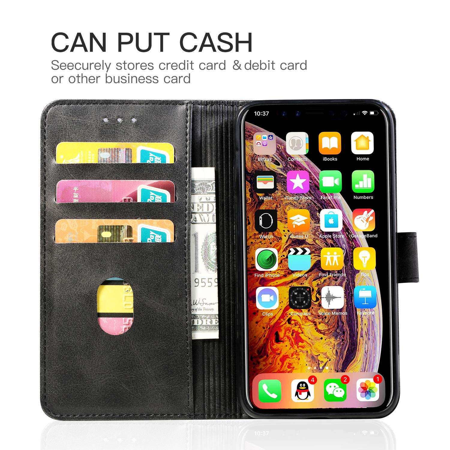 Yonader Apple iPhoneX/Xs Leather Case,Leather Wallet Case [Kickstand] [Card Slots] [Magnetic Closure] Flip Notebook Cover Case for Genuine Apple iPhone X/Xs (Black) 2