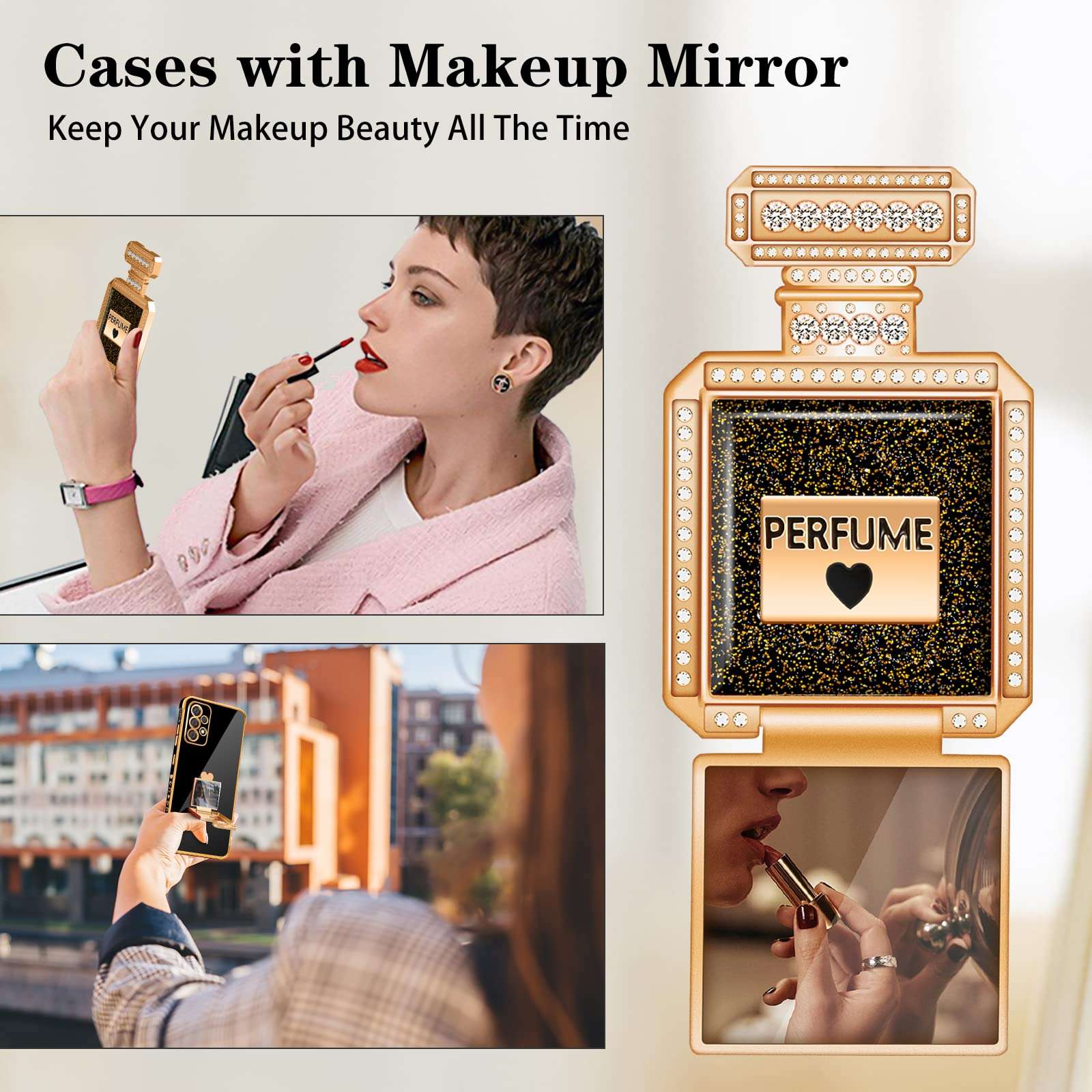 Buleens for Samsung Galaxy A53 5G Case with Cute Metal Perfume Bottle Mirror Stand for Women Girly Heart Cases for Galaxy A53 5G Case, Elegant Luxury Phone Cover for Samsung A53 5G Case 6.5'' Black 4