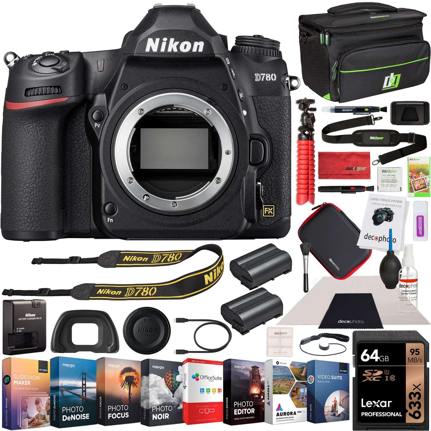 Nikon D780 Full Frame 4K FX DSLR Camera + 24-120mm VR Lens Kit Bundle with Photo and Video Professional Editing Software Suite, Deco Gear Camera Bag, 2X Rechargeable Battery, 64GB Card & Accessories 1