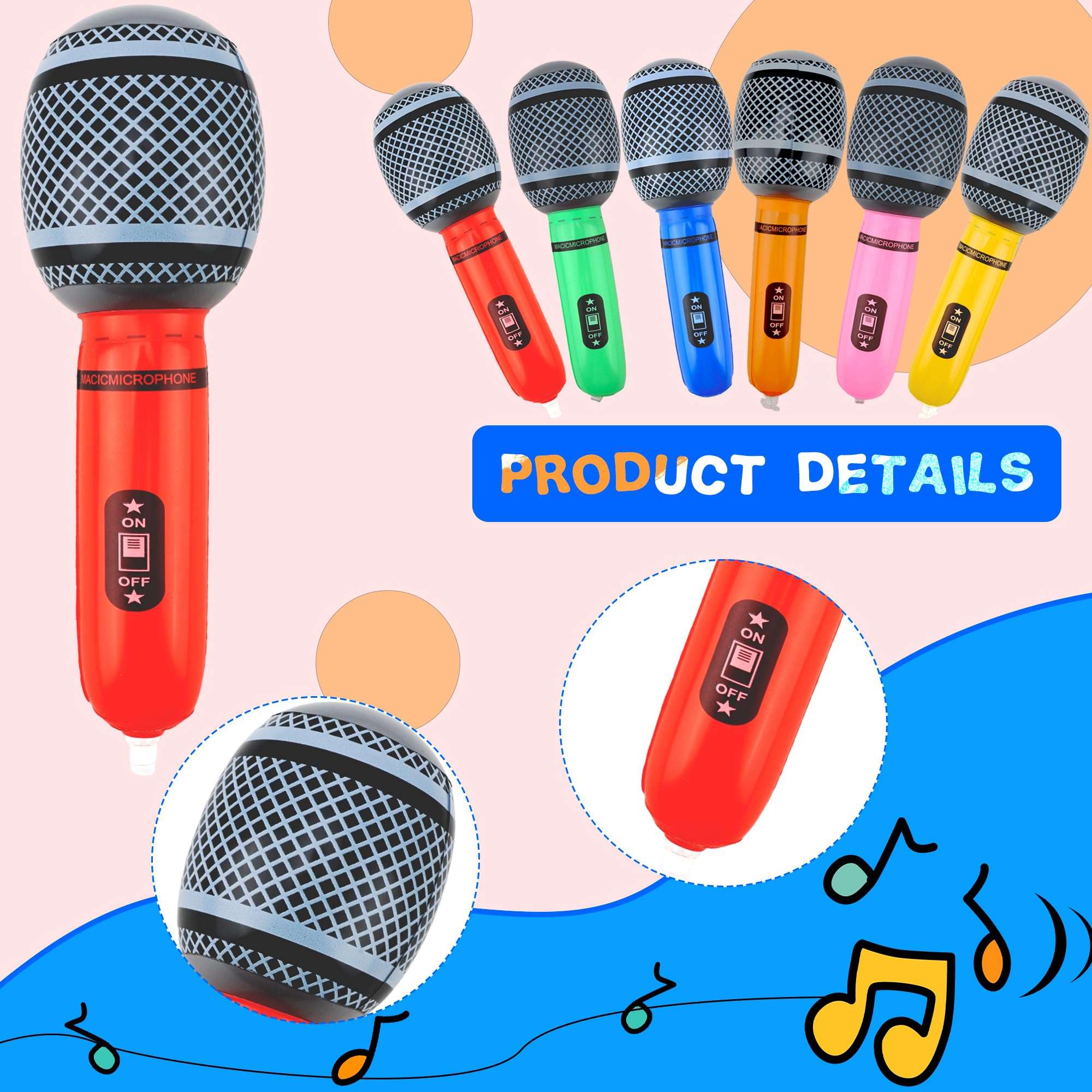 48 Pack Inflatable Microphones Blow up Microphone Bulk Pretend Inflatable Microphone Props Toys for 80s 90s Musical Concert Themed Cosplay Stage Party Role Play 4