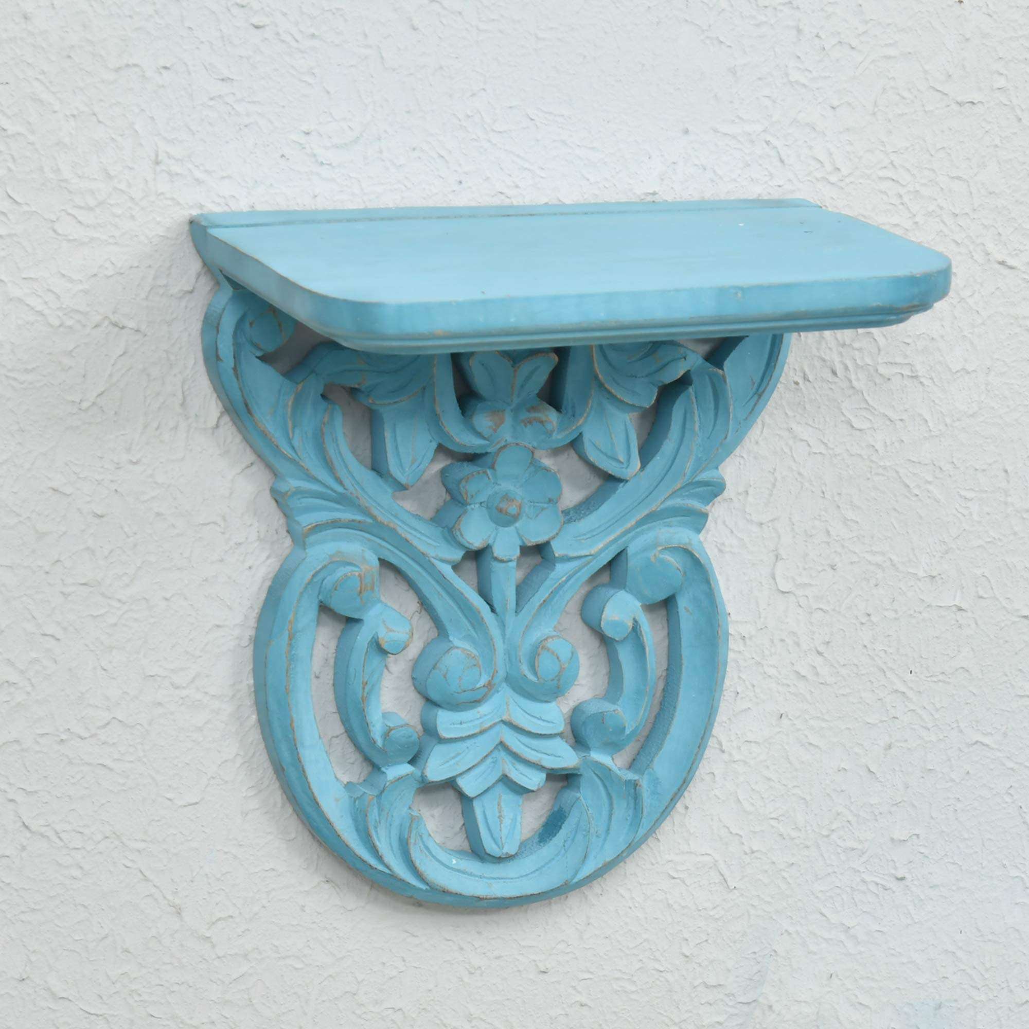 WOODENCLAVE Handcarved Solid Wood Jali Floral Design Wall Mounted Floating Shelf Wooden Wall Brackets Shelves Set for Home Living Room Decor - (Distressed Blue) 3